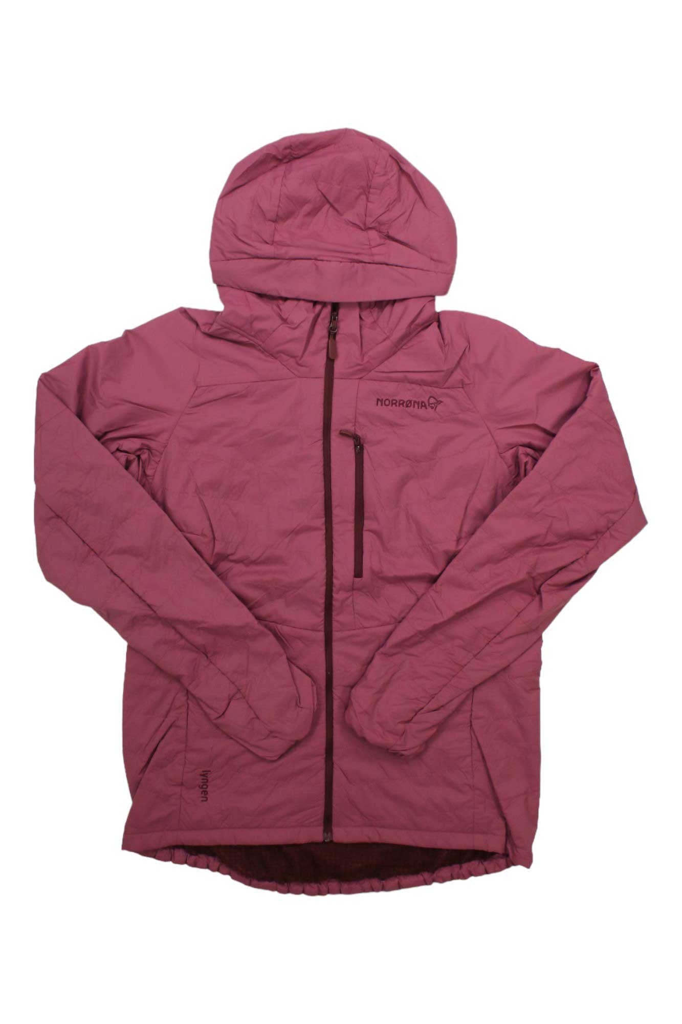 A magenta Norrona Womens Lyngen Alpha100 Zip Hoodie with PrimaLoft insulation, front zipper, chest pocket, and long sleeves is laid flat on a white background. The Norrona logo appears on the left chest.