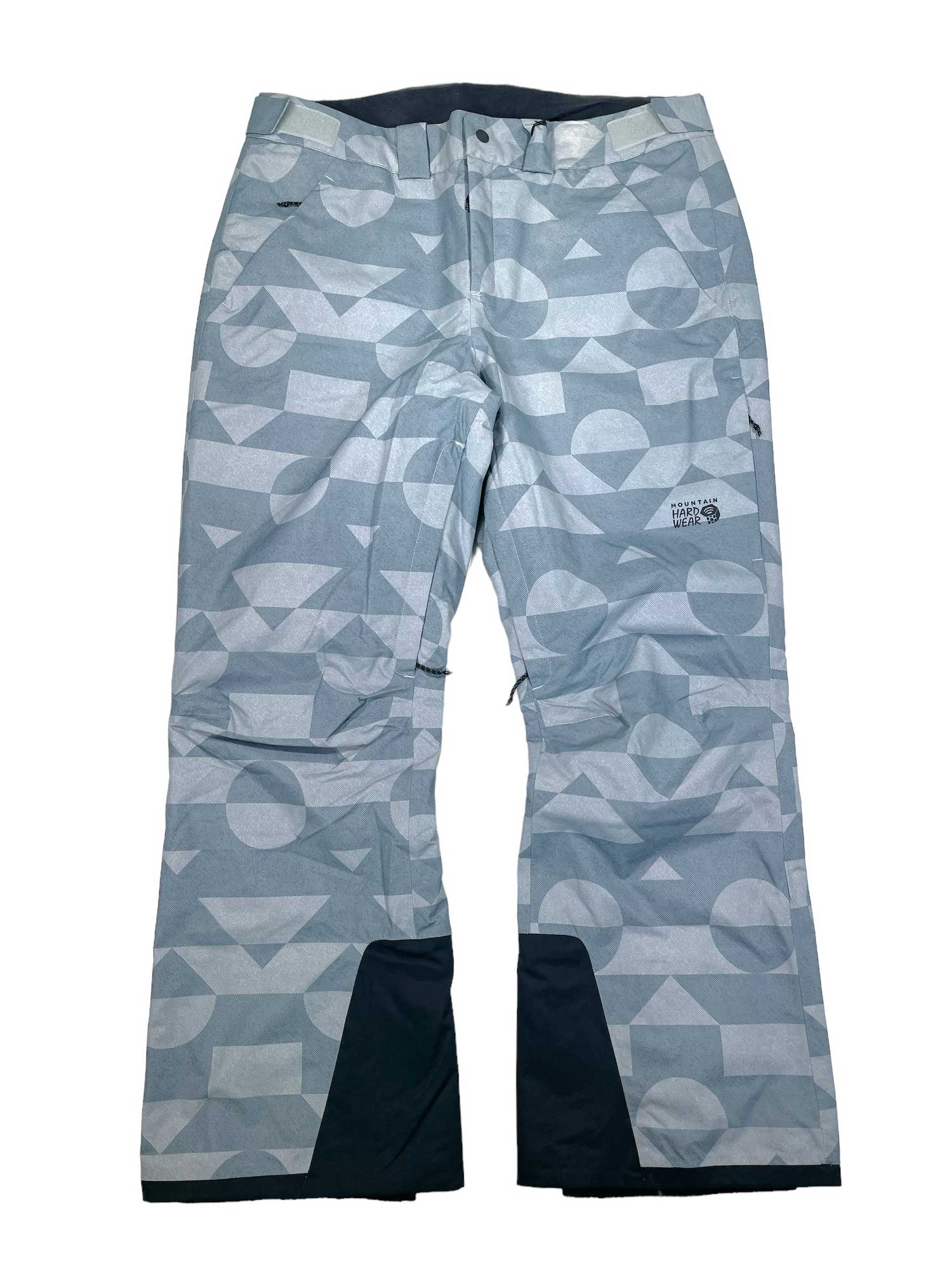 Womens Firefall 2 Insulated Snow Pants in light grey and white geometric pattern, feature reinforced black ankle cuffs and The North Face logo on the left leg, displayed flat on a white background.
