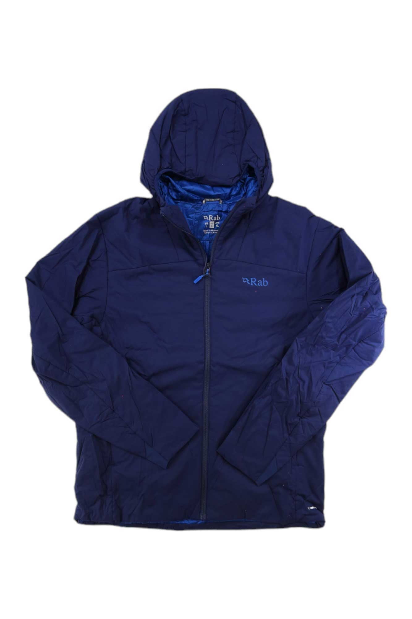 The Rab Mens Xenair Alpine Light Jacket is navy blue, lightweight, features a front zipper, long sleeves, Rab logo on the left chest, and a slightly crinkled texture—ideal for high-output mountaineering adventures.