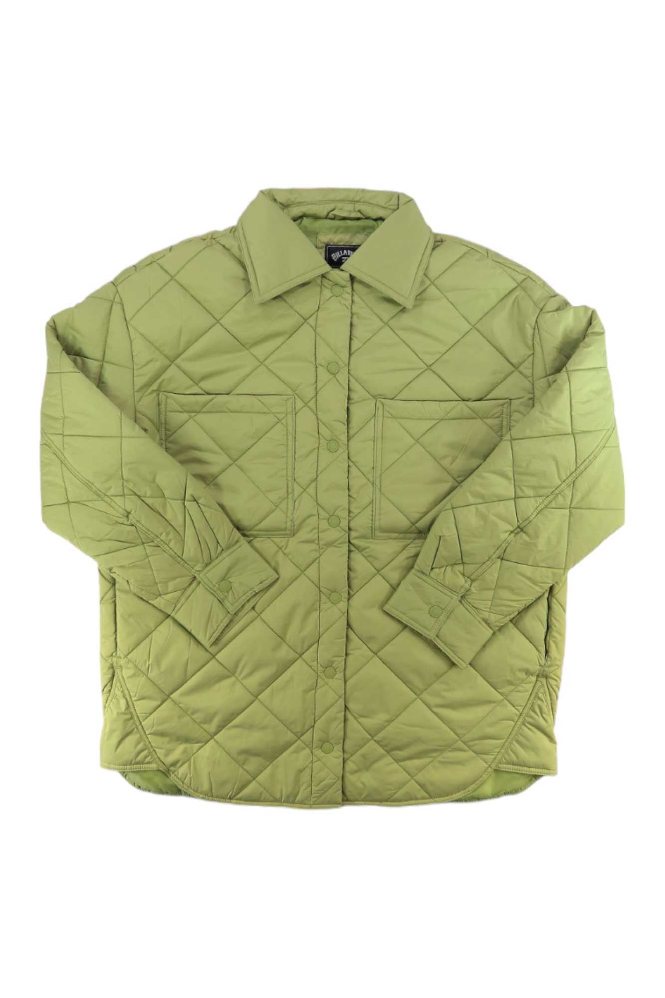 The Billabong Women's Transport Shacket is a light green quilted jacket with a collar, front snap buttons, two chest pockets, long sleeves, a diamond stitch pattern, relaxed fit, and water repellent finish for added protection.