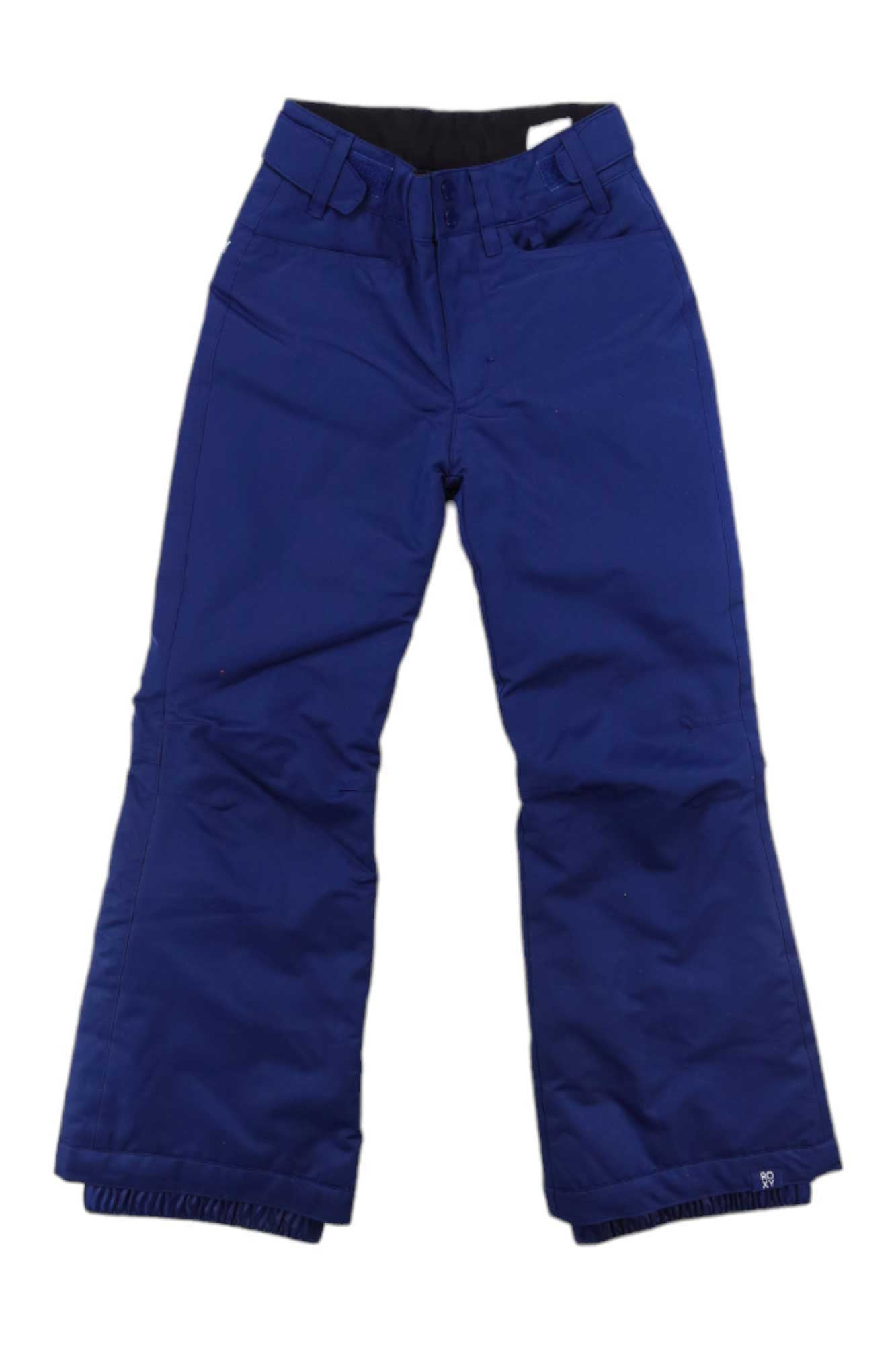Girls' blue snow pants with elastic waist, zip fly, and side pockets