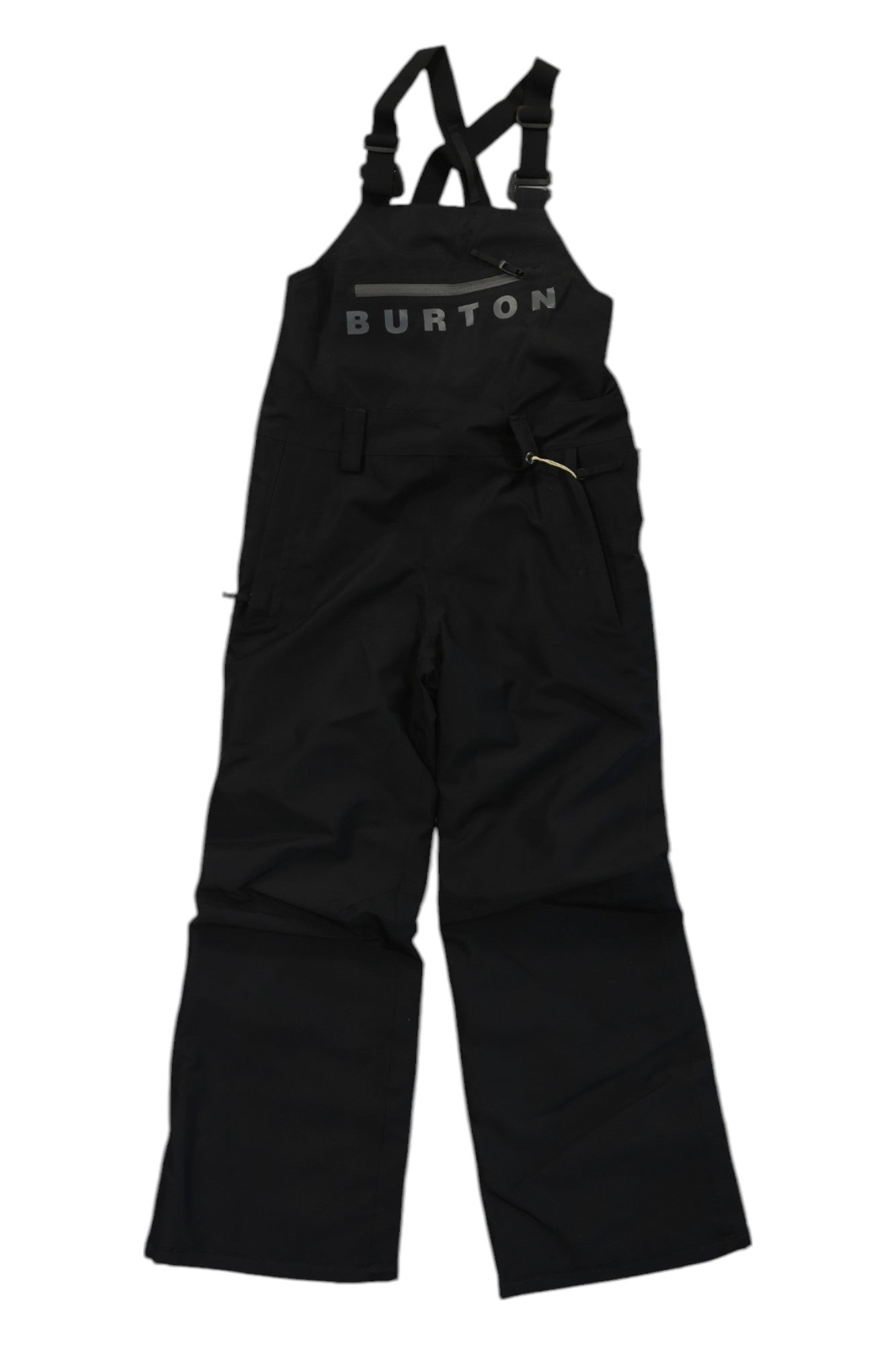 The Burton Kids GTX Stark Bib features adjustable shoulder straps, front and side pockets, and BURTON branding on the chest. These black GORE-TEX overalls are designed for kids' outdoor winter activities.