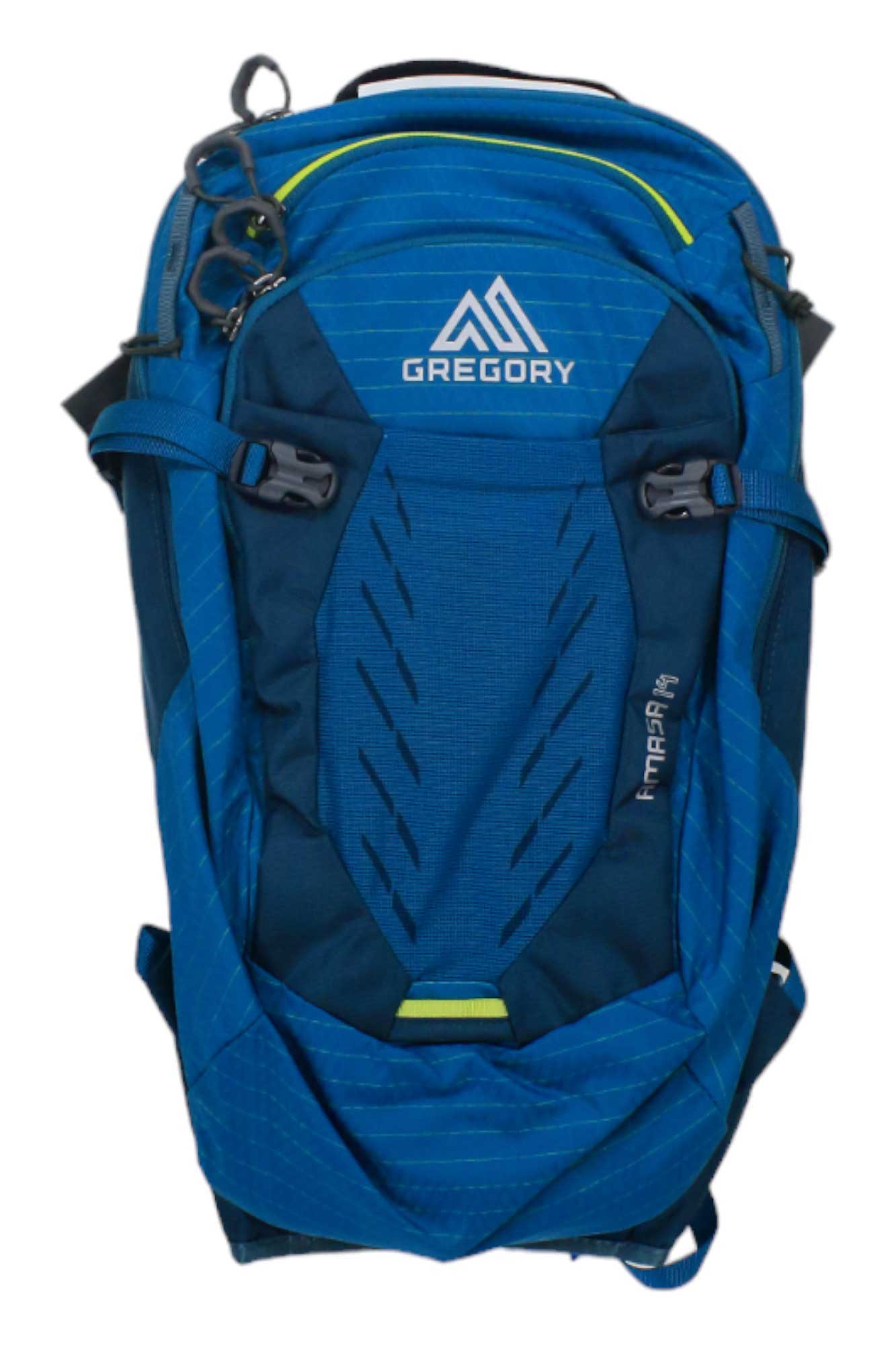 The Gregory Women's Amasa 14L H2O Pack is a blue backpack with black accents, multiple zippers, adjustable strap, Gregory logo on top front, bike-specific organization, front mesh pocket, and side compression straps for a secure fit.
