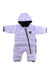 Infant hooded bunting suit, light purple with black trim and full-body zipper