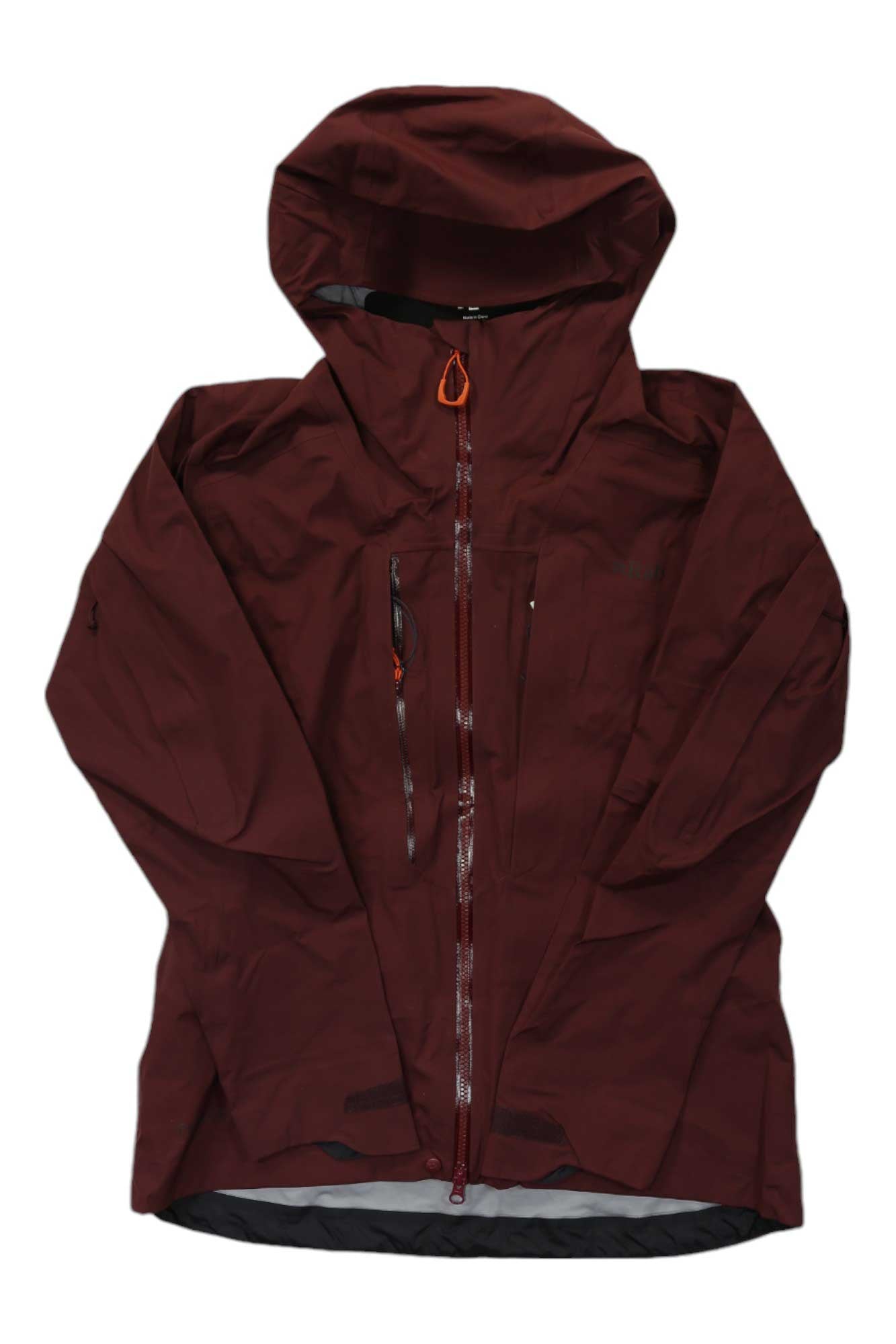 Burgundy hooded full-zip jacket with Rab logo and drawcord hood
