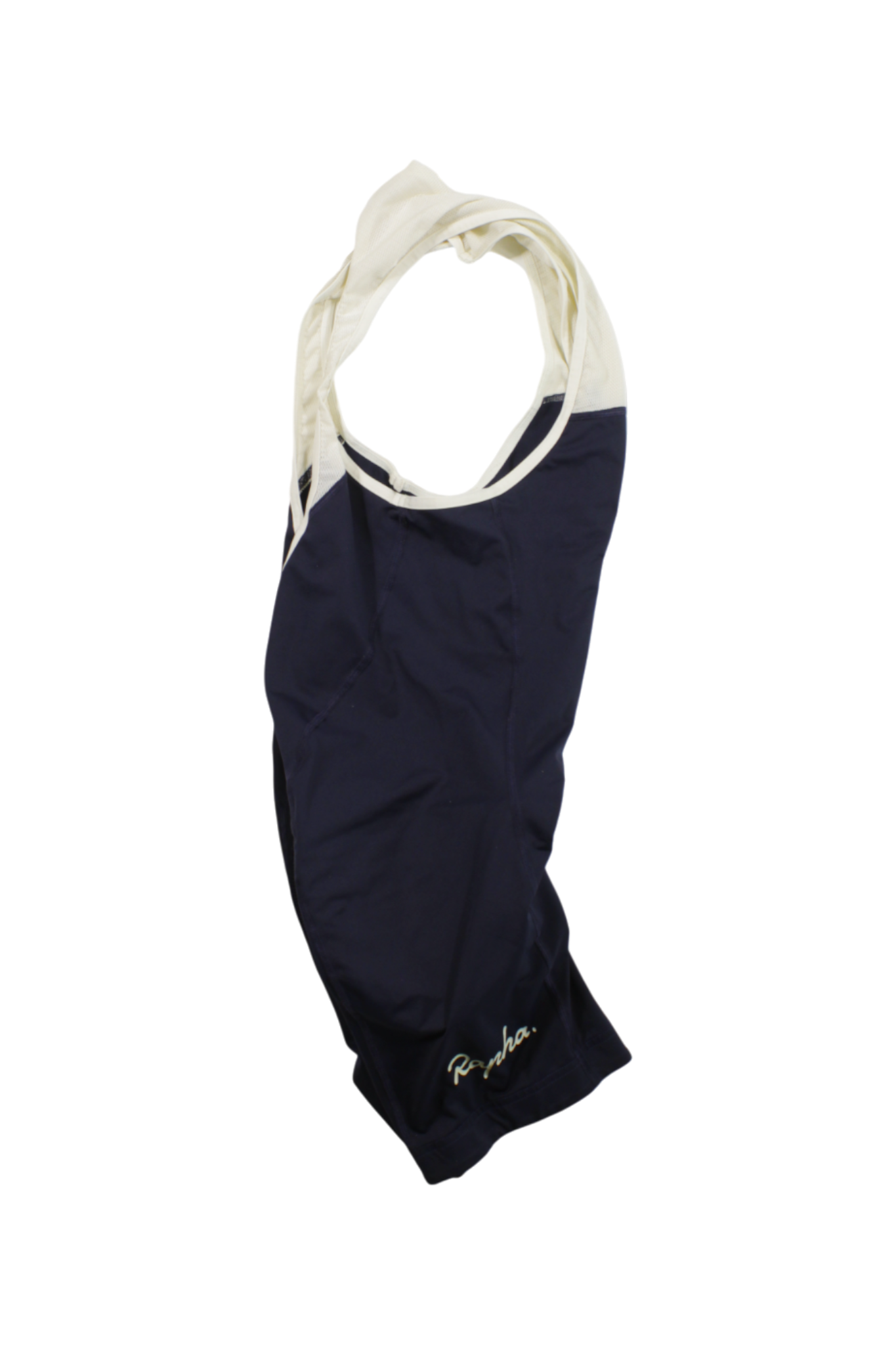 A navy blue and white sling-style musette bag with Rapha in yellow script on the corner, photographed on a white background—the perfect accessory to pair with your Rapha Classic Bib Shorts II.