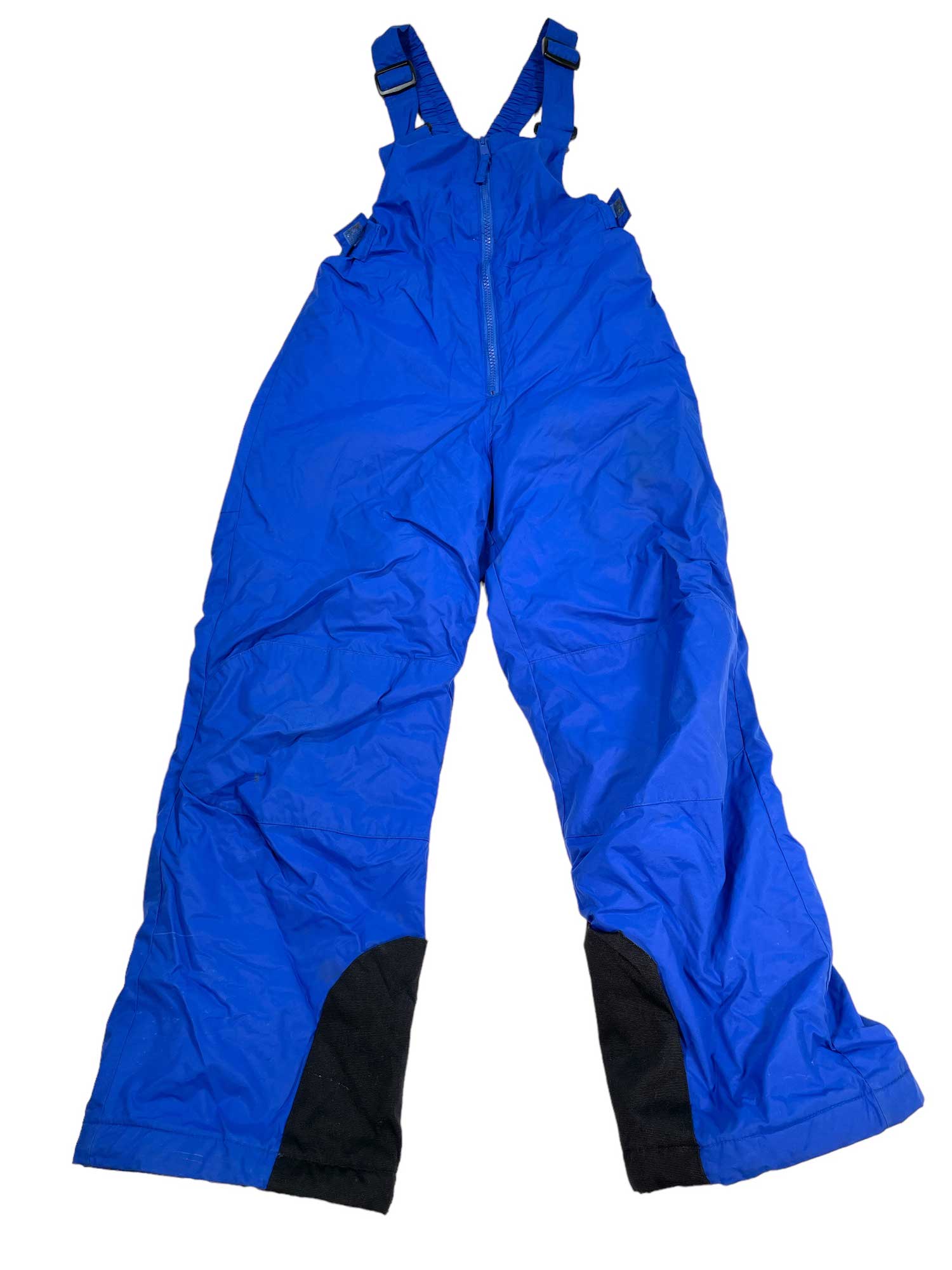 The Kids' Snowslope II Insulated Bib Pants, in bright blue with waterproof fabric, black reinforced inner ankles, adjustable shoulder straps, and a front zipper, are shown laid flat on a white background.