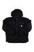 Carhartt washed duck hooded jacket in black with hood, snap front, and chest button pockets