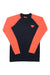 The Dynafit Women's Tour Light Merino LS Tee is a lightweight, moisture-wicking merino long sleeve featuring a black body, bright orange sleeves, and a small orange logo on the left chest.