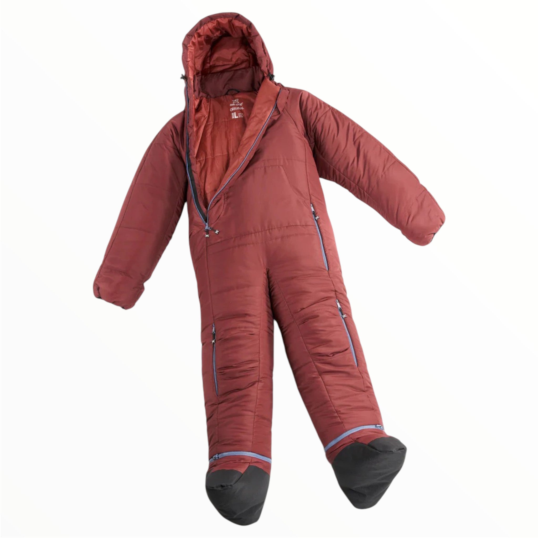 Burgundy wearable sleeping bag with hood, zip front, and padded boot-style feet