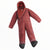 Burgundy wearable sleeping bag with hood, zip front, and padded boot-style feet