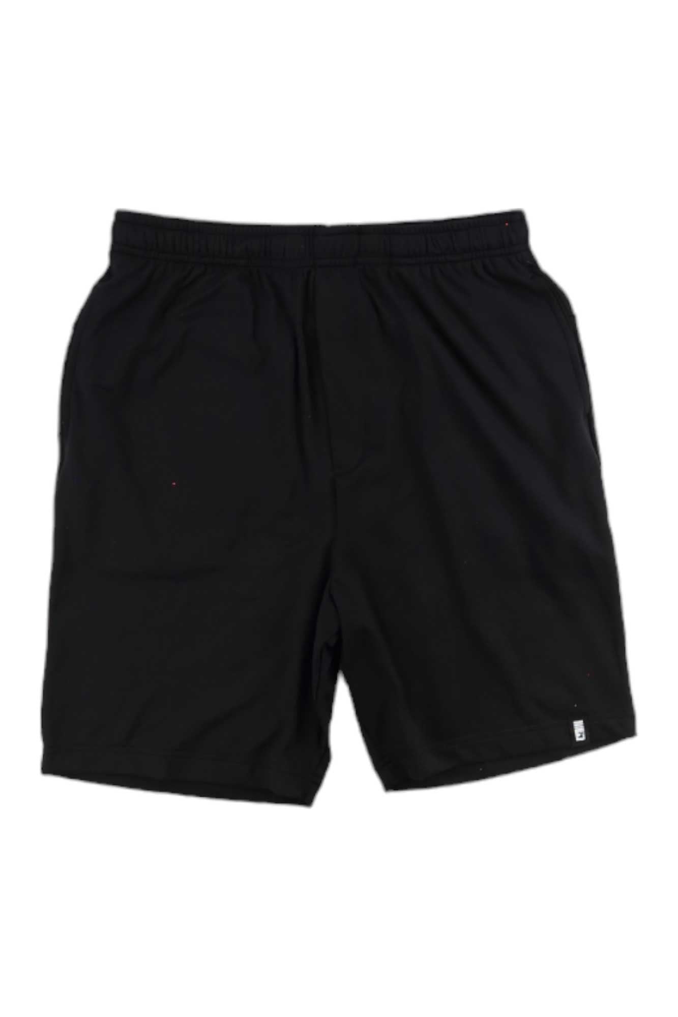 The Glyder Mens Sequoia 7 Inch Short is a pair of plain black fitness shorts made from AIRFLEX fabric with an elastic waistband, displayed flat on a white background.