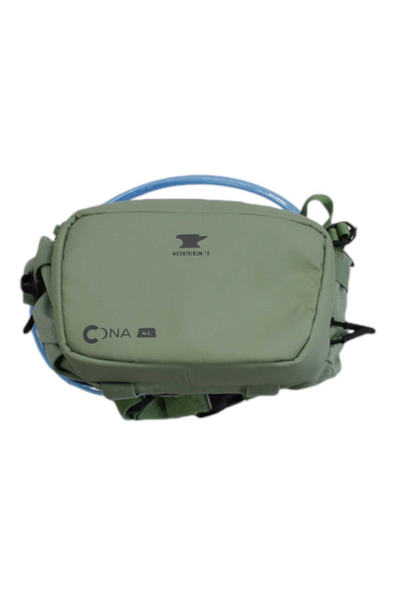 The Mountainsmith CONA 4 Hydration Lumbar Pack in green features a blue hydration tube, multiple straps, and storage zippers—ideal as a compact day pack for outdoor adventures.