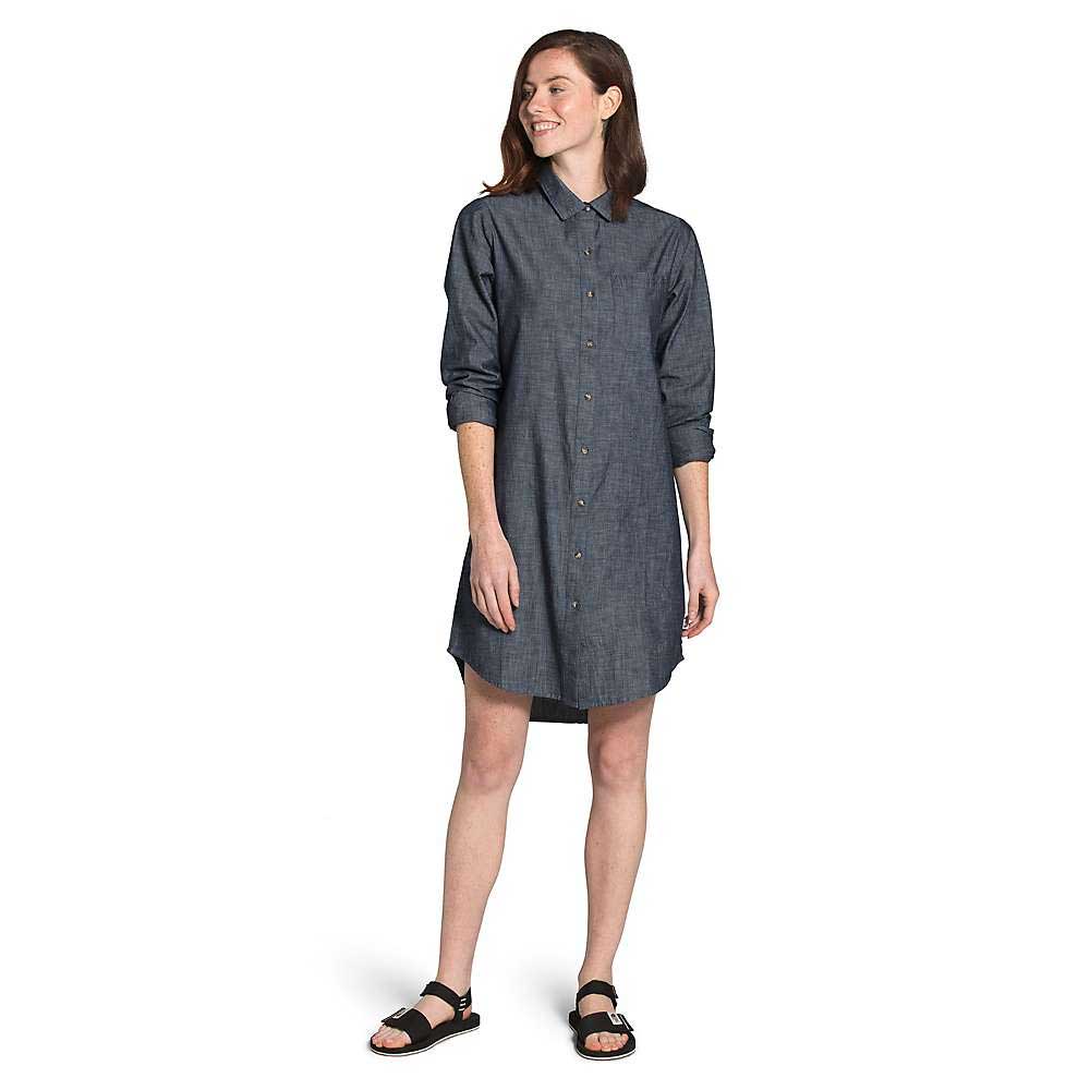 Women’s chambray shirt dress in dark gray, front button placket, 3/4 sleeves