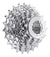 A close-up of the SRAM PG-950 Cassette - 9 Speed shows its shiny silver finish, stacked gears, central lockring, and precise metal teeth—engineered for lightweight performance and smooth shifting on 9-speed drivetrains.