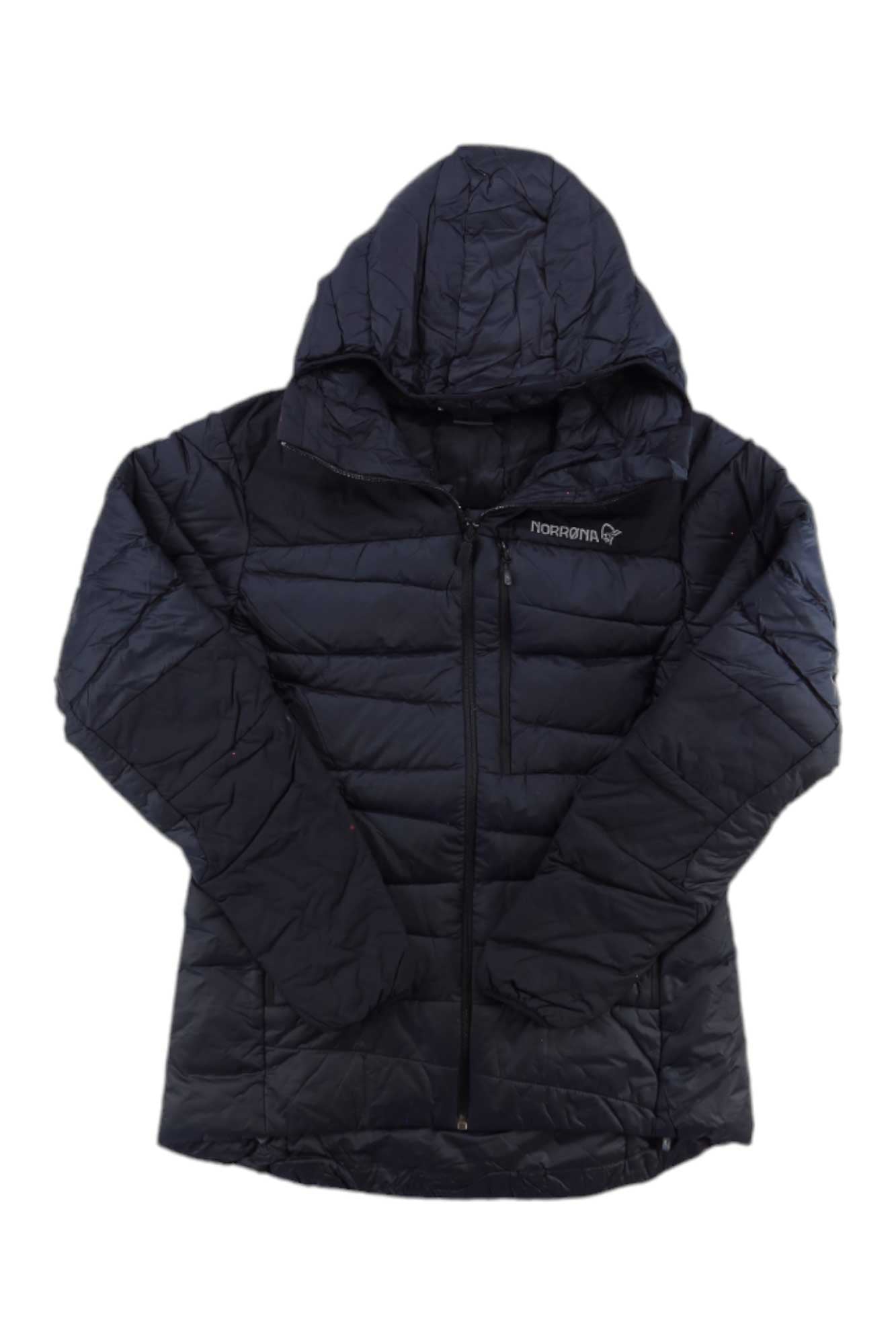 Norrona Women's Falketind Down750 down hoodie, dark quilted puffer, full-zip hooded