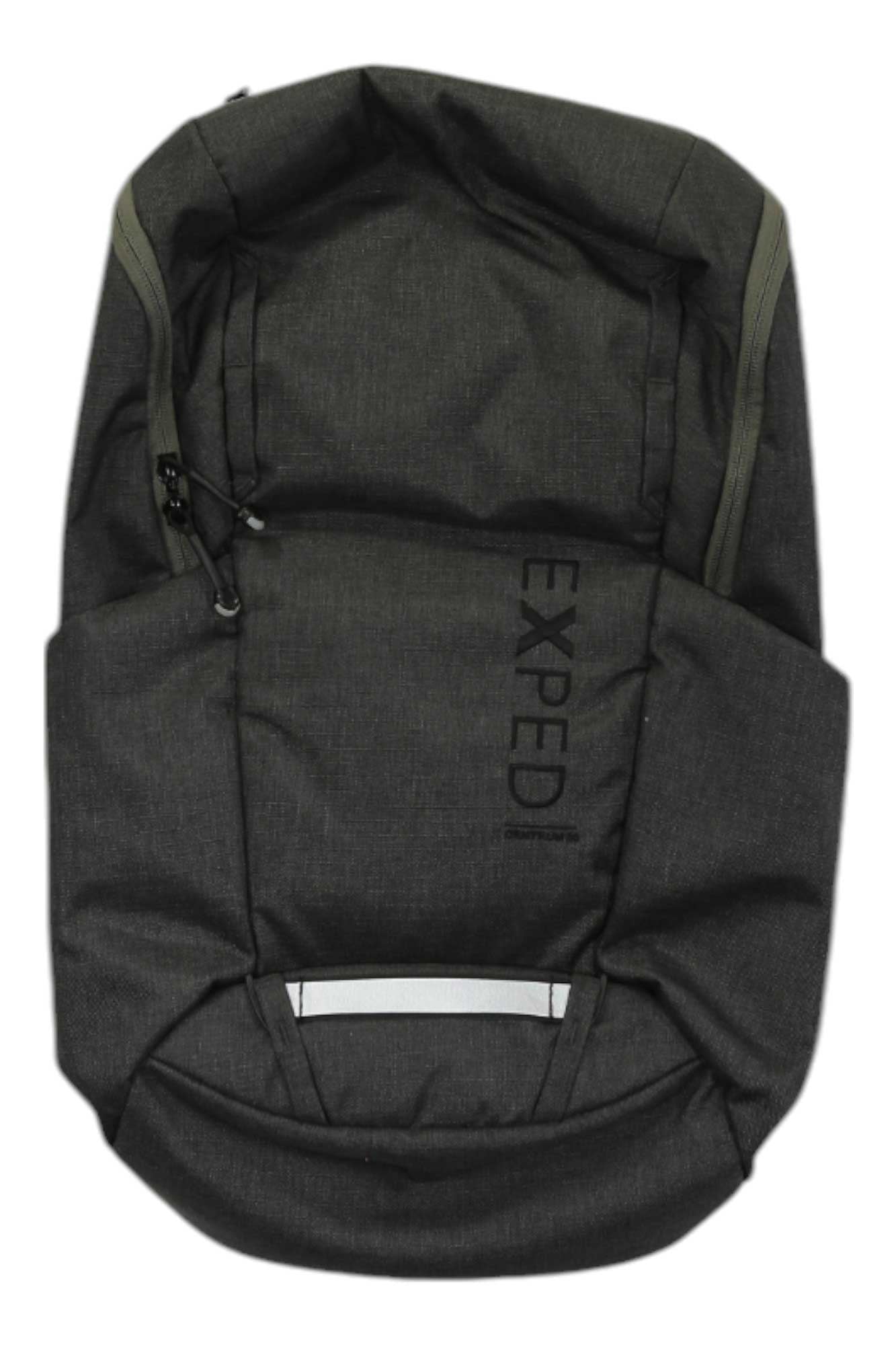 The Exped Centrum 20 Pack is a dark gray roll-top daypack with a visible zipper, vertical EXPED branding, front pocket, reflective strip near the bottom, and a dedicated laptop compartment—ideal for urban outdoor adventures.