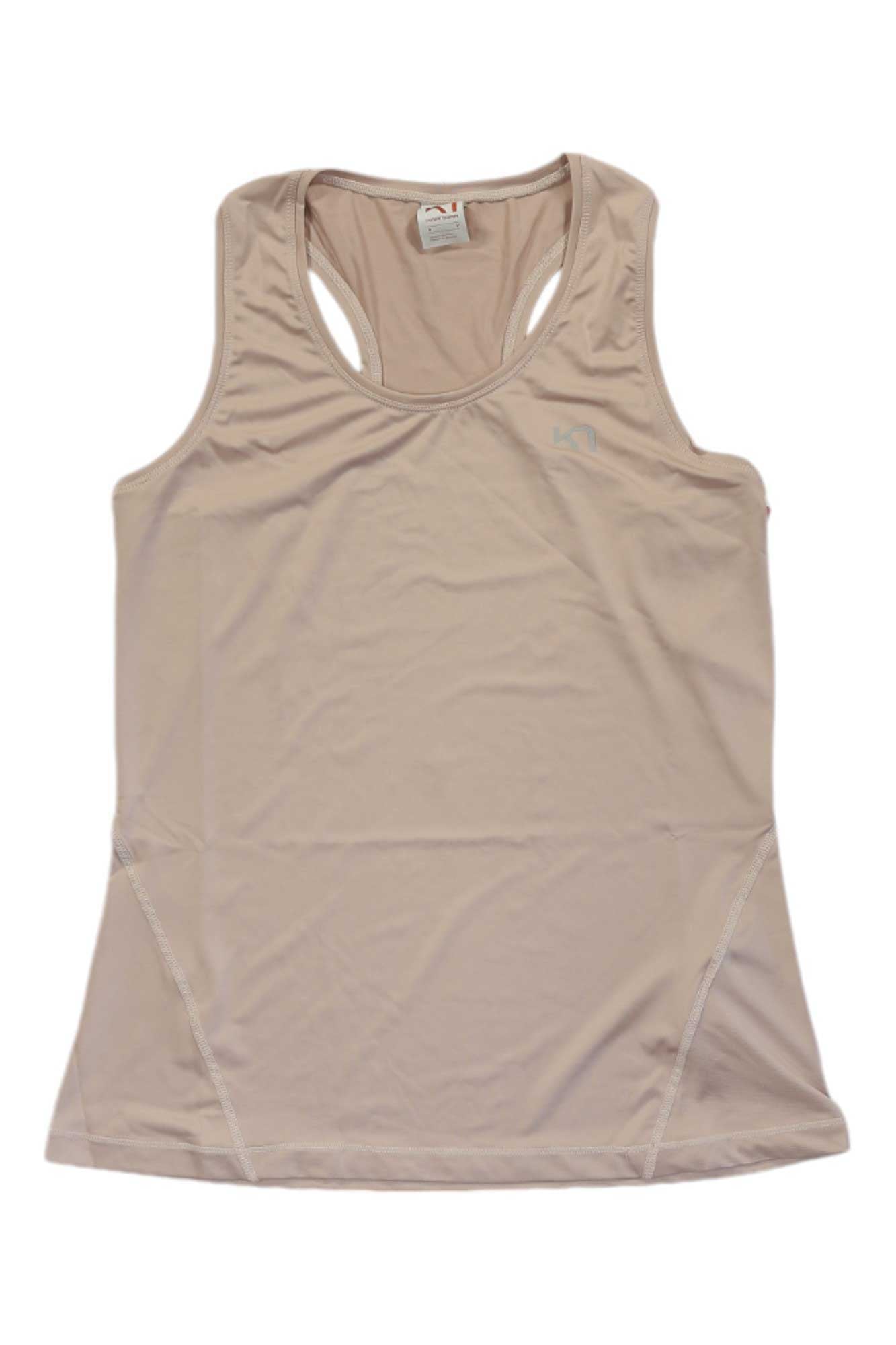 The Kari Traa Womens Nora 2.0 Tanktop is a light beige, sleeveless racerback hiking top made from quick-drying recycled polyester, shown laid flat on a white background.