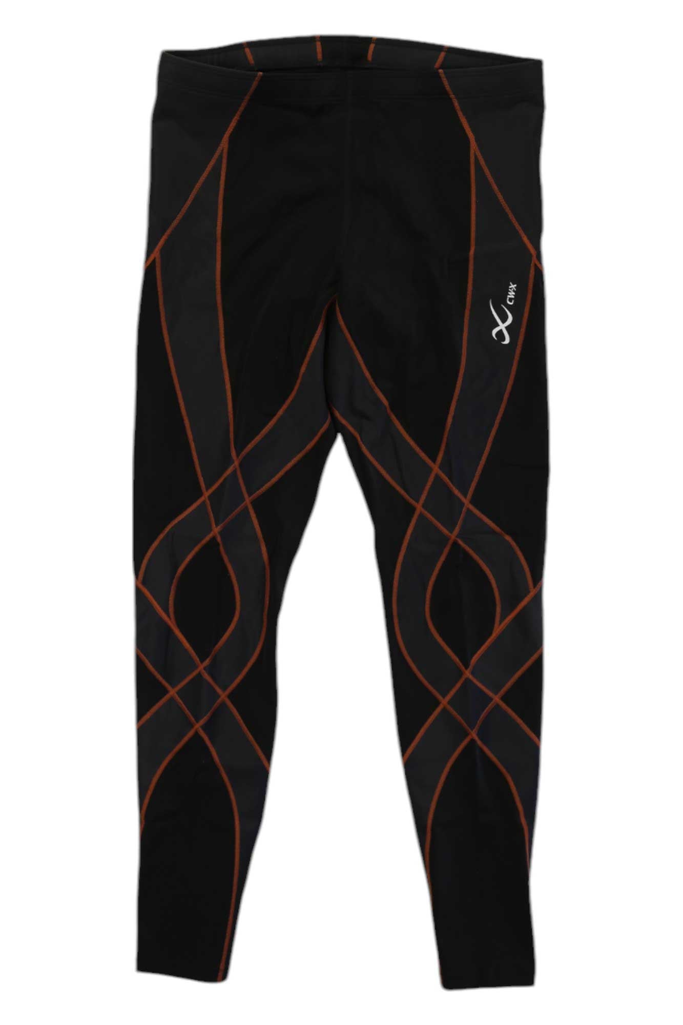 The CW-X Men's Endurance Generator Compression Tight features black fabric with orange crisscross lines and a small white logo on the upper right thigh. These tights provide joint and muscle support and are shown flat on a white background.
