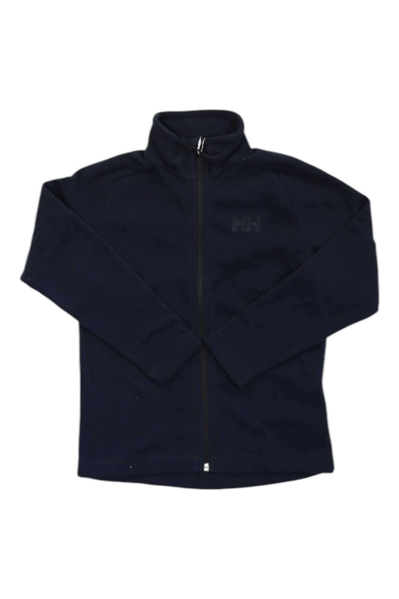 Navy zip-up fleece jacket with stand collar, long sleeves, and front zipper.
