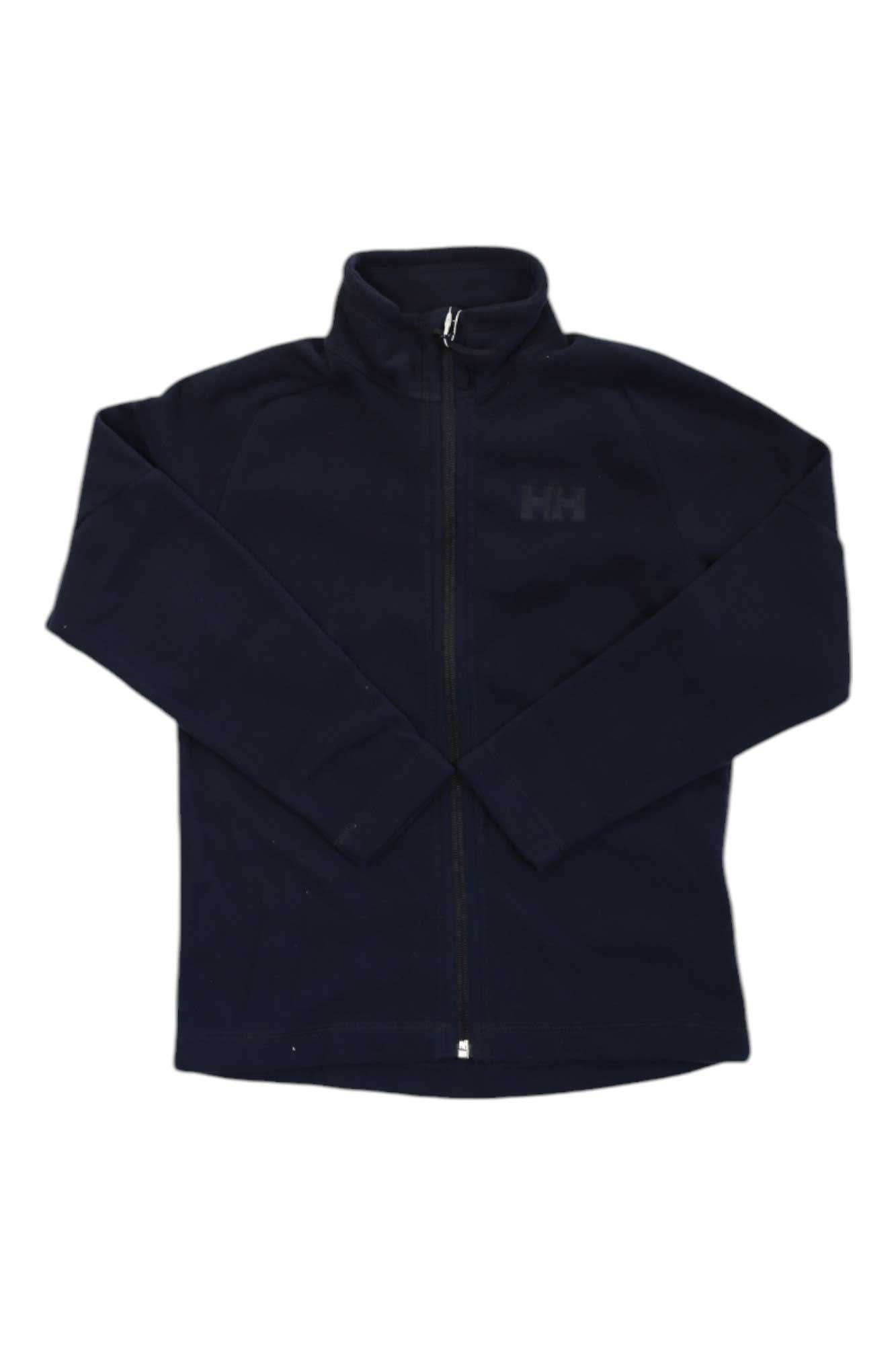 Navy full-zip fleece jacket with stand collar and long sleeves; front zip closure.