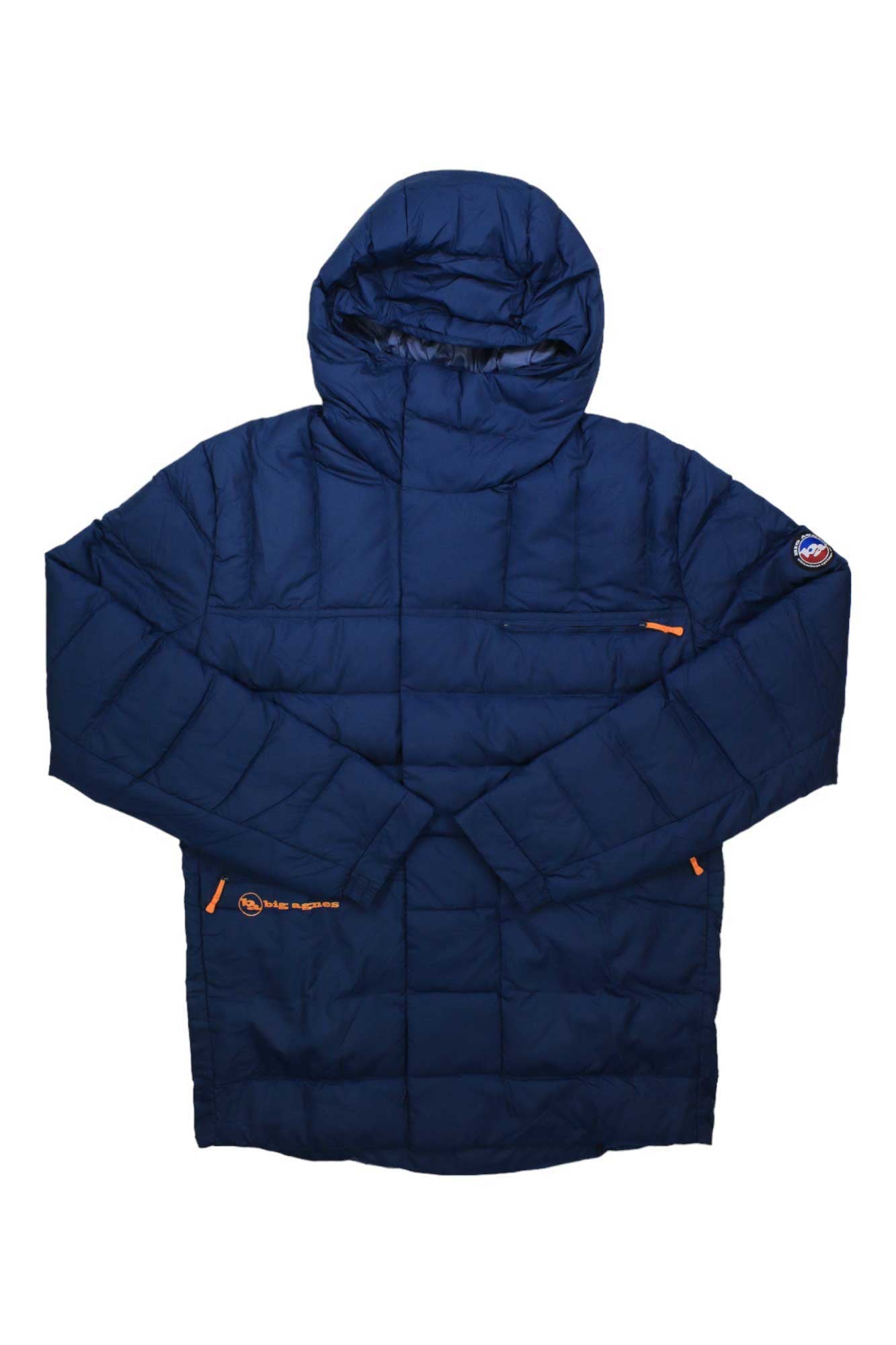 Men's indigo-blue hooded puffer jacket with front zipper, orange zipper pulls, and logo sleeve patch.
