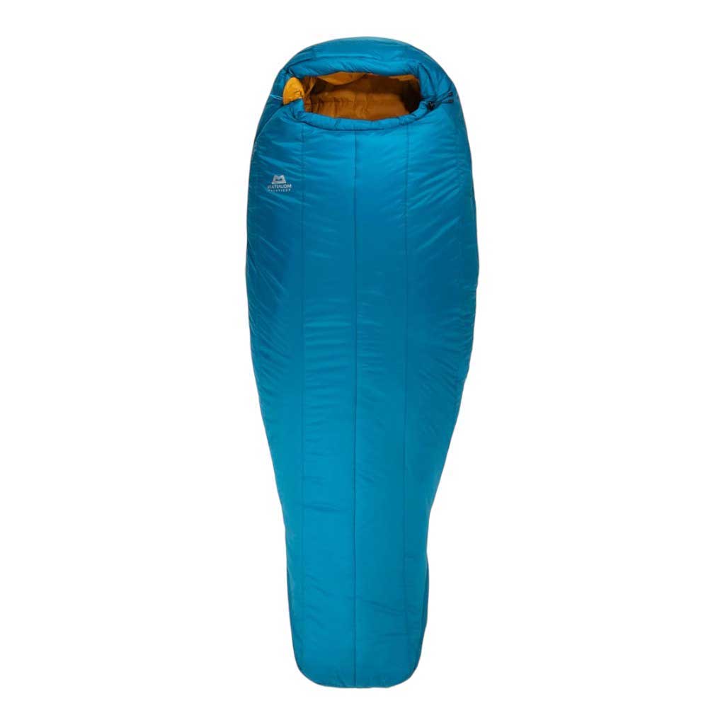 The Mountain Equipment Nova IV 9F Sleeping Bag is shown upright, zipped up, and isolated on a white background. It features a blue, water-resistant mummy-style design with synthetic insulation and a yellow interior.