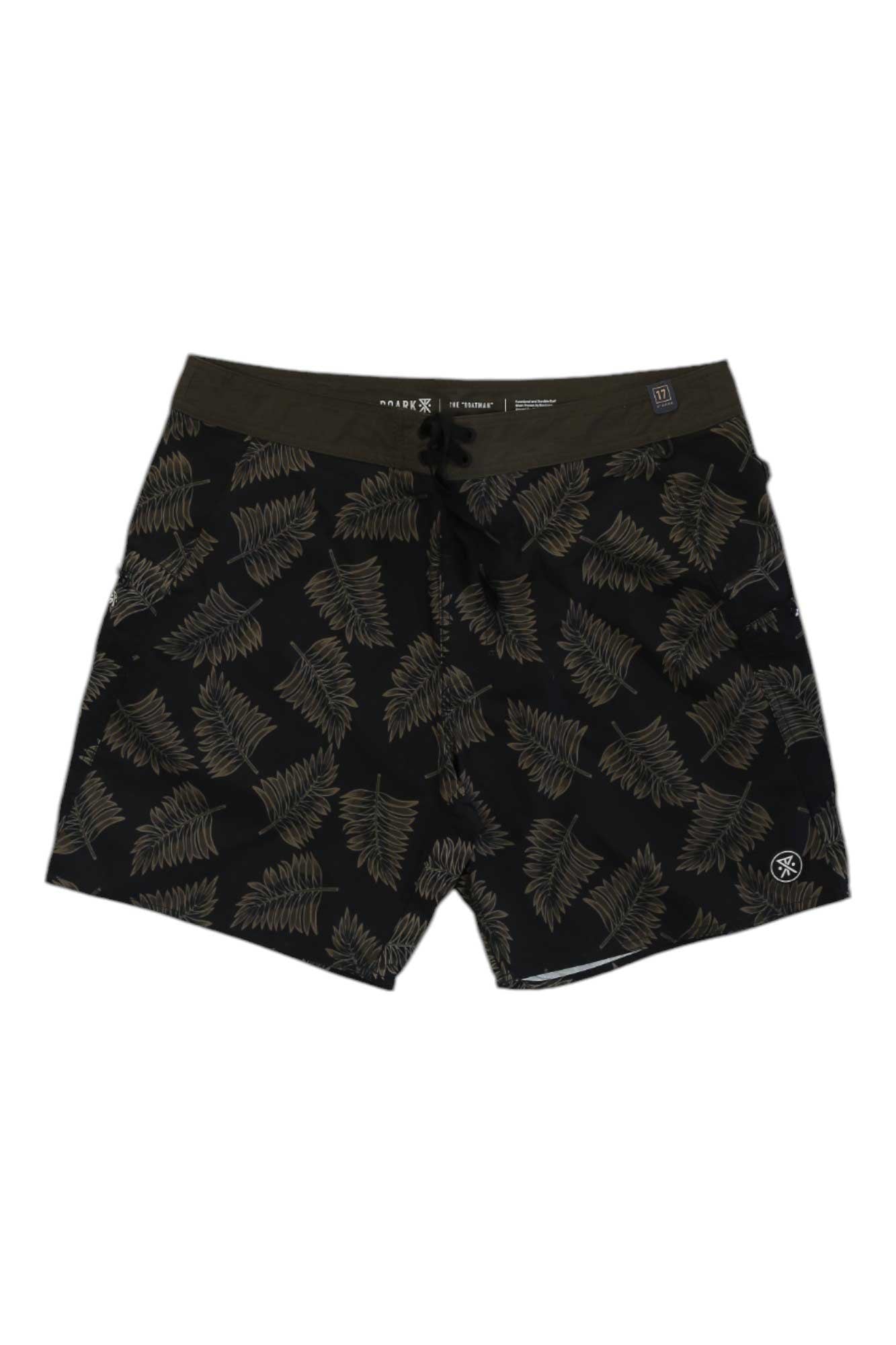 The Roark Mens Boatman Boardshort is crafted from durable Cordura nylon with an olive green drawstring, a botanical leaf pattern, and a white circular logo on the left hem. Ideal for swimming and surfing adventures.