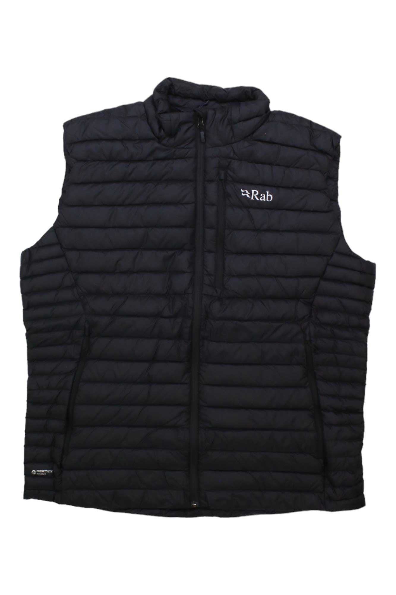 Men's quilted puffer vest with stand collar and full front zipper, dark outer fabric