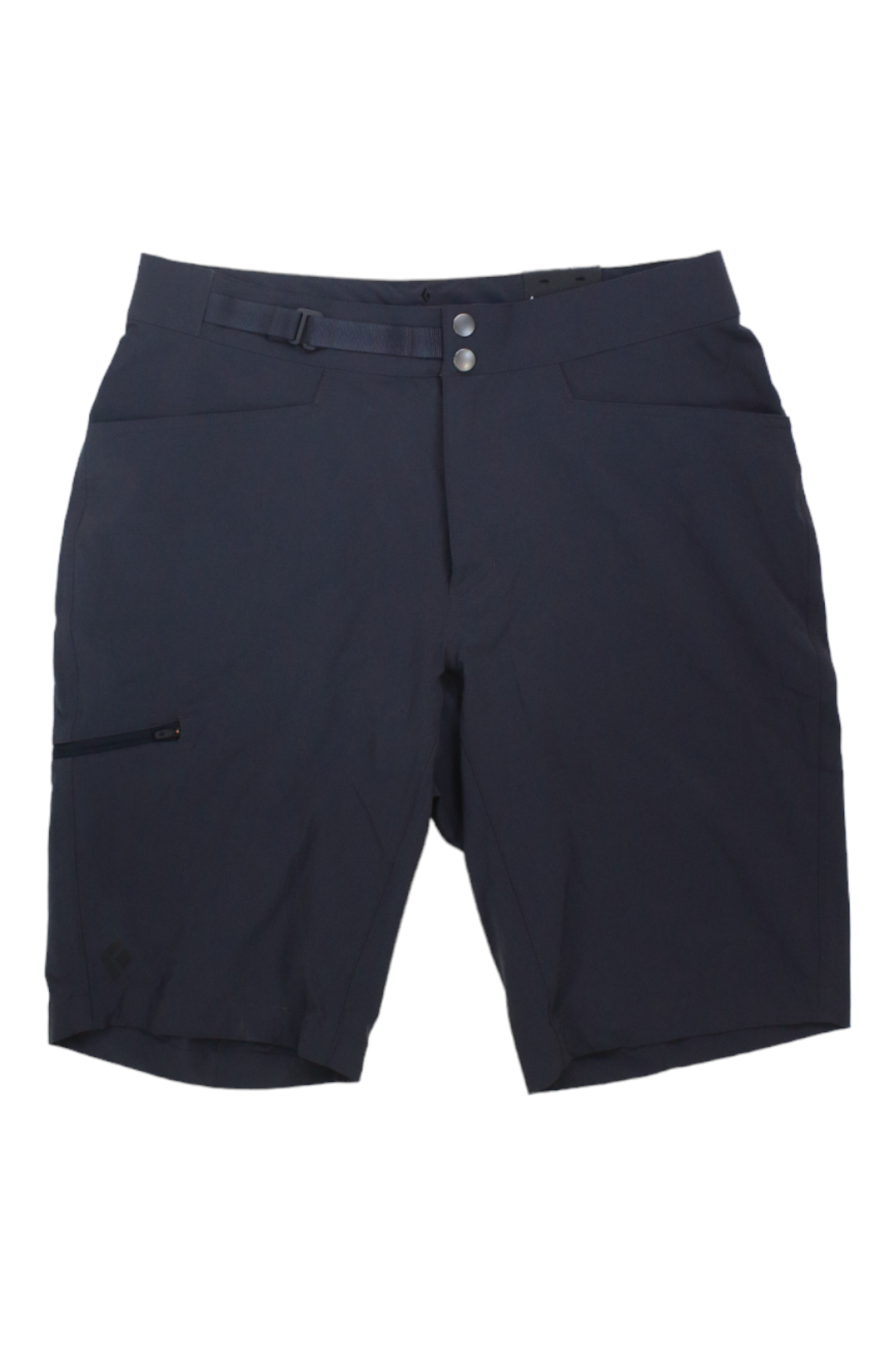 The Black Diamond Men's Valley 11.5 Short in dark navy features a fitted, harness-compatible waistband, two front pockets, a zippered left leg pocket, and double waist buttons, shown on a white background.