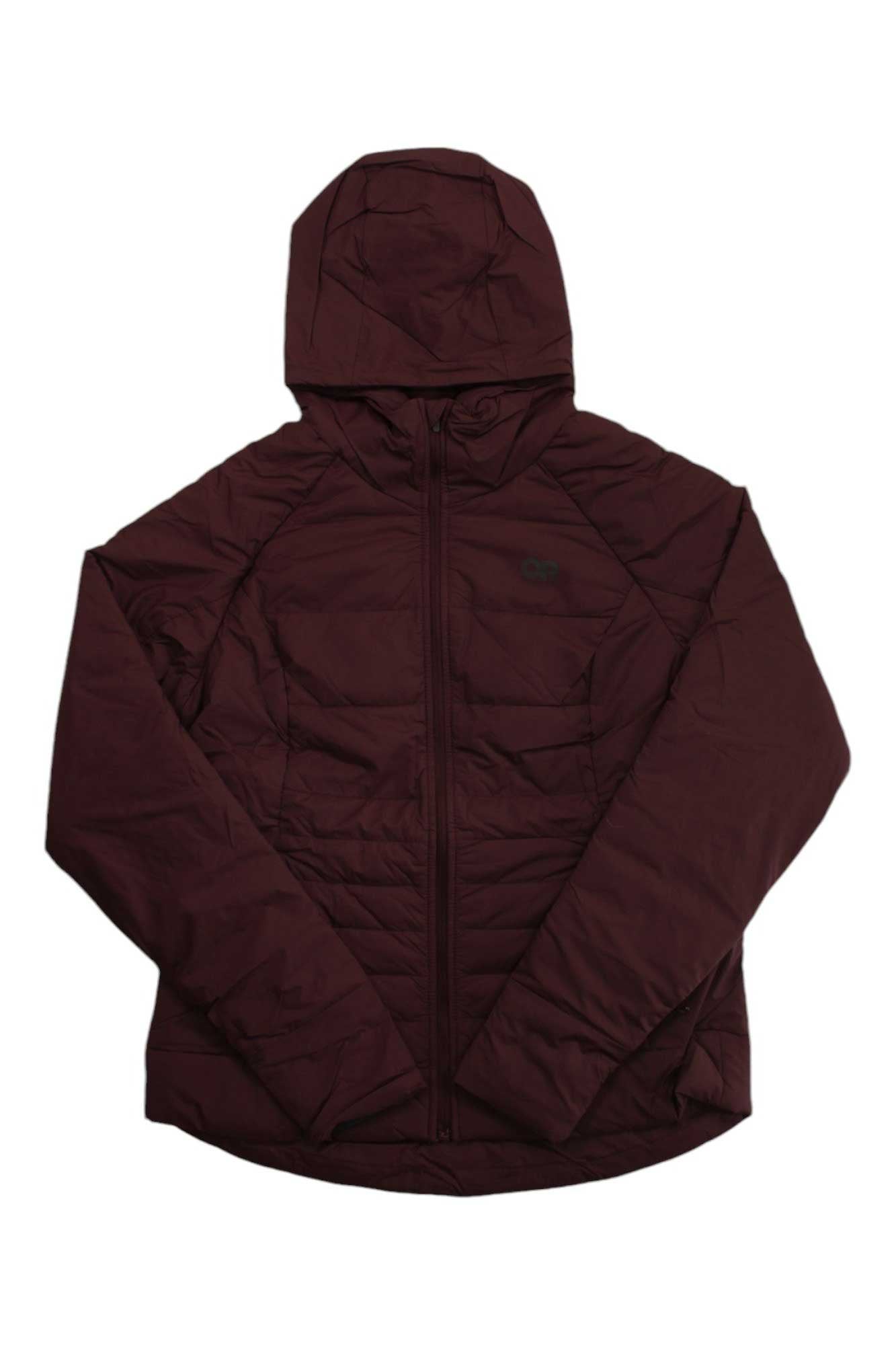 The Outdoor Research Women's Shadow Insulated Hoodie is a maroon, long-sleeve, front-zip jacket with wind and water resistance, shown flat on a white background.