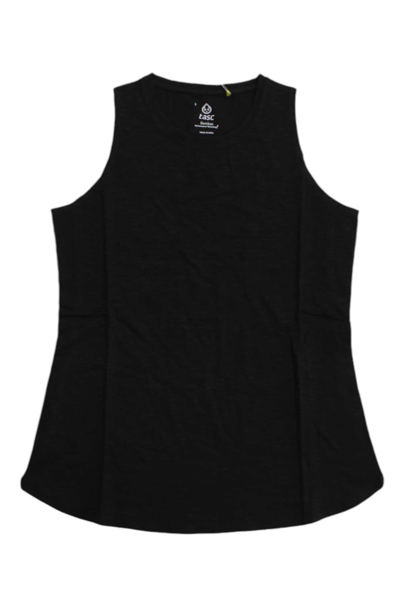 The Tasc Women's Nola Tank Top is a sleeveless black tank with a round neckline and flared hem. Made from lightweight, moisture-wicking fabric, it provides UPF 50+ sun protection—ideal for casual wear.