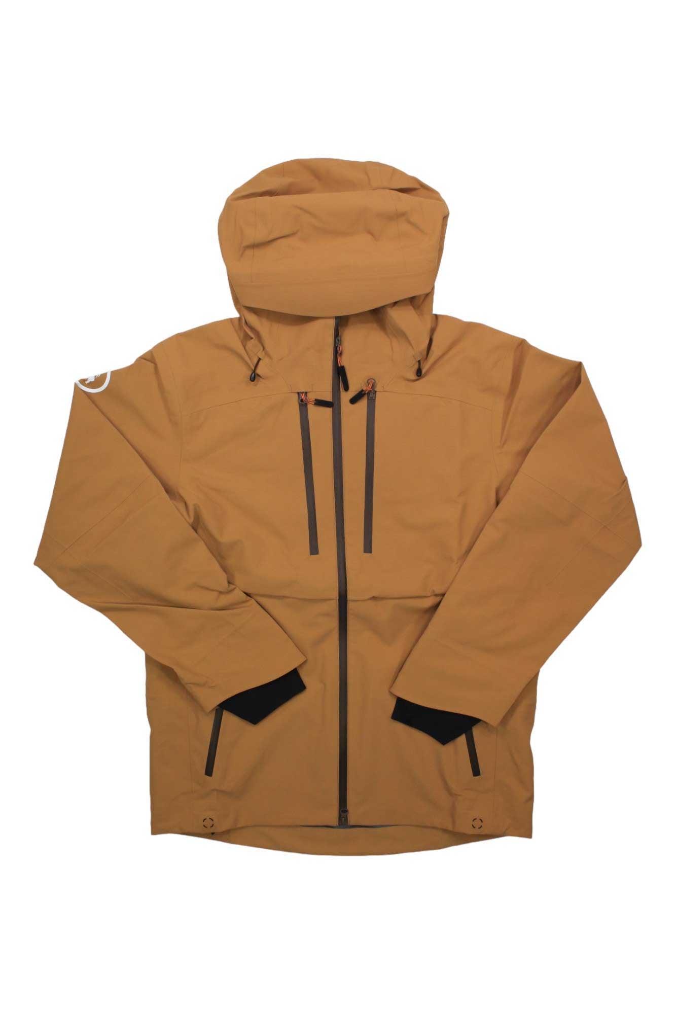 The Backcountry Cottonwoods Jacket is a men's brown shell with a front zipper, two vertical chest zip pockets, side pockets, black zipper accents, an upper left sleeve patch, adjustable cuffs, and weather-resistant construction.