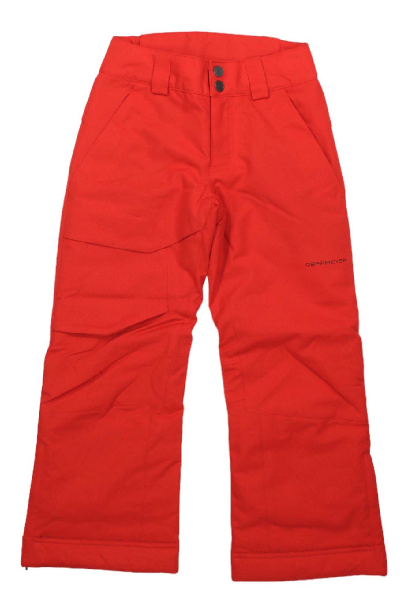 The Obermeyer Teen Boys Brisk Pant features bright red insulated, durable material, front pockets, belt loops, a button waist closure, and an adjustable waist for comfort—ideal for cold weather outdoor activities.