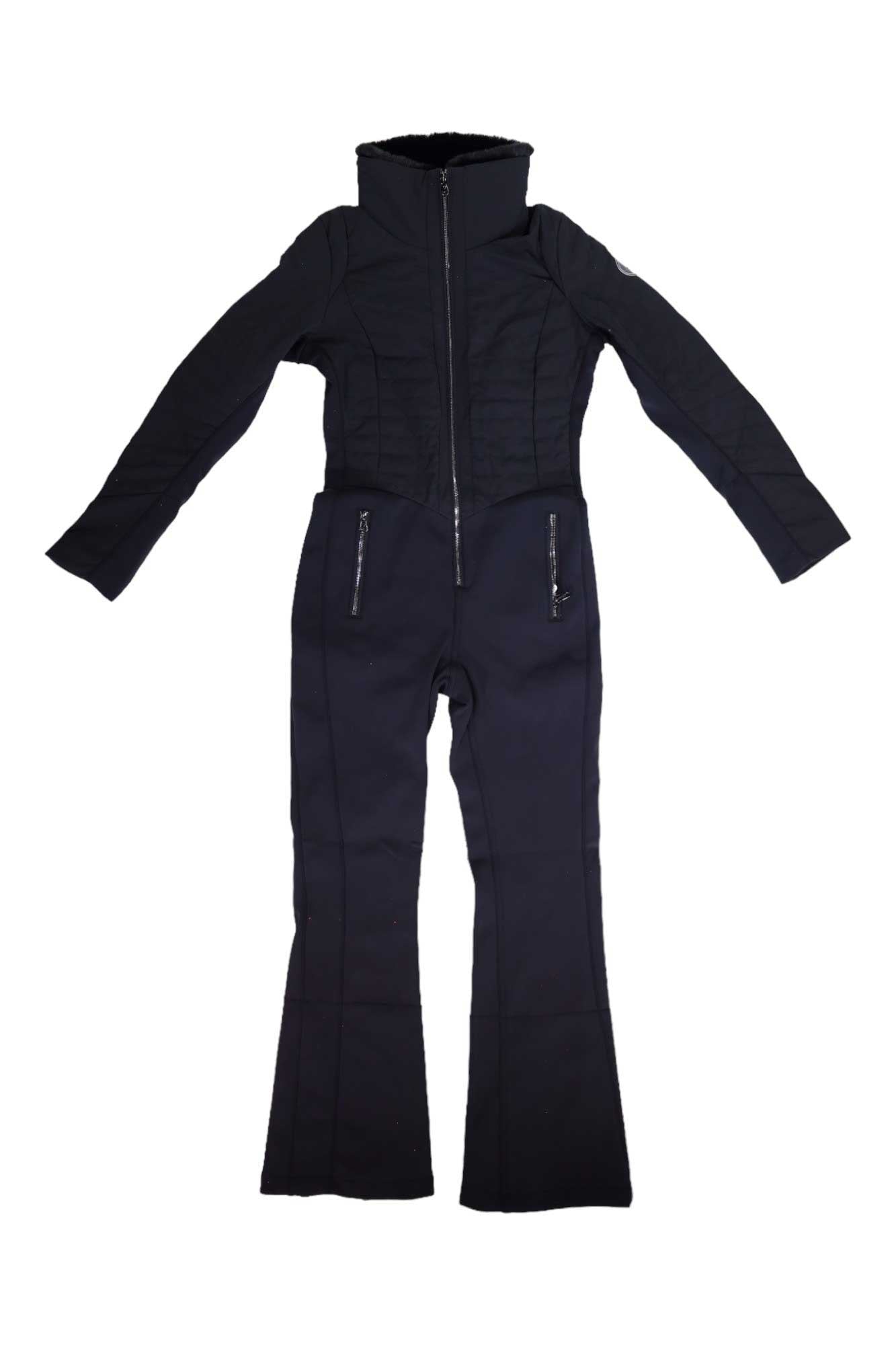 A black Obermeyer Womens Katze Suit is shown laid flat on a white surface, featuring down insulation, long sleeves, a high collar, front zipper, and zippered hip pockets.