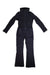 A black Obermeyer Womens Katze Suit is shown laid flat on a white surface, featuring down insulation, long sleeves, a high collar, front zipper, and zippered hip pockets.
