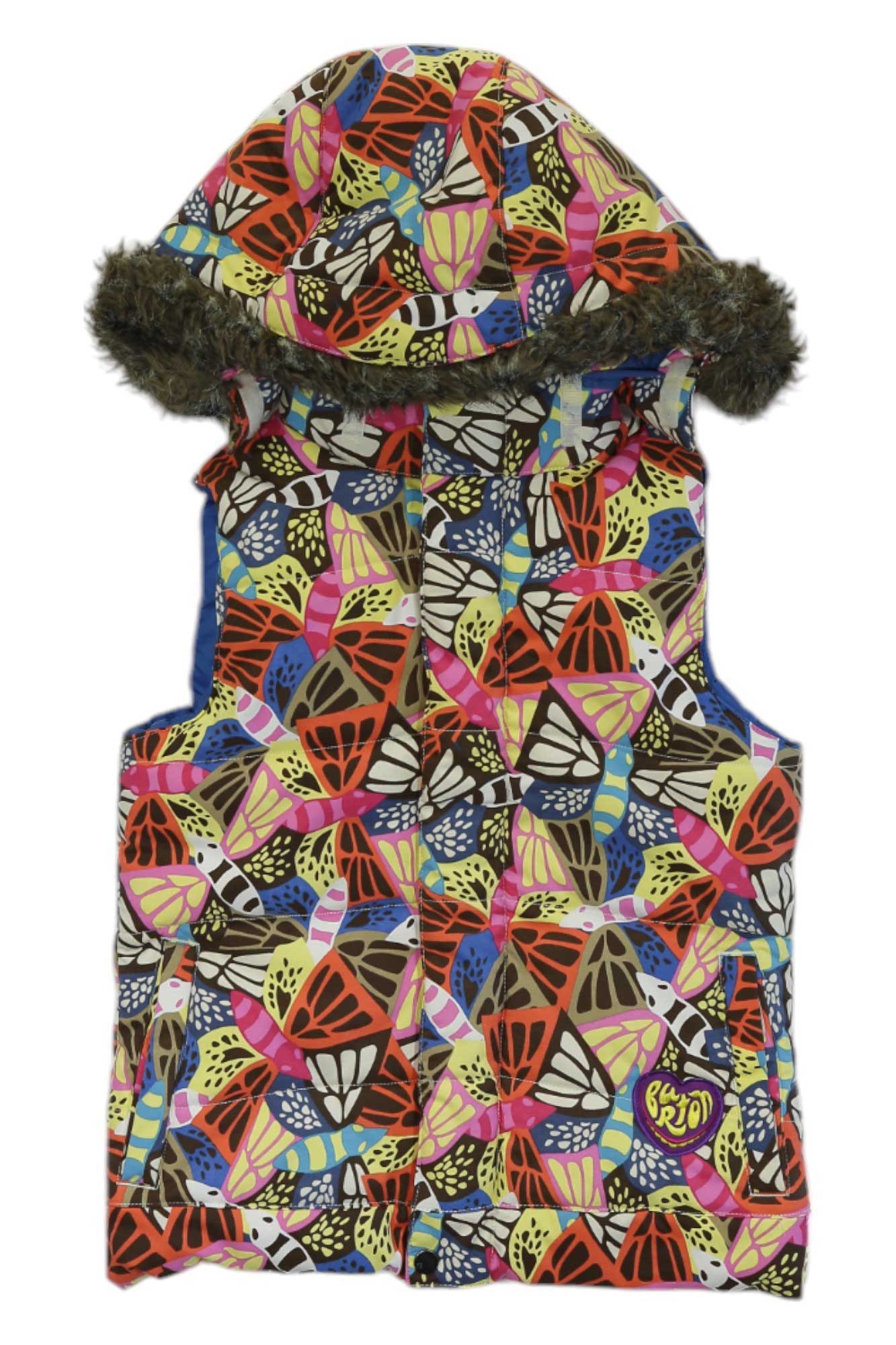 The Burton Girls Paradise Vest is a sleeveless, hooded insulated vest with faux fur trim and a colorful butterfly wing print in vibrant shades of red, yellow, pink, blue, and black.