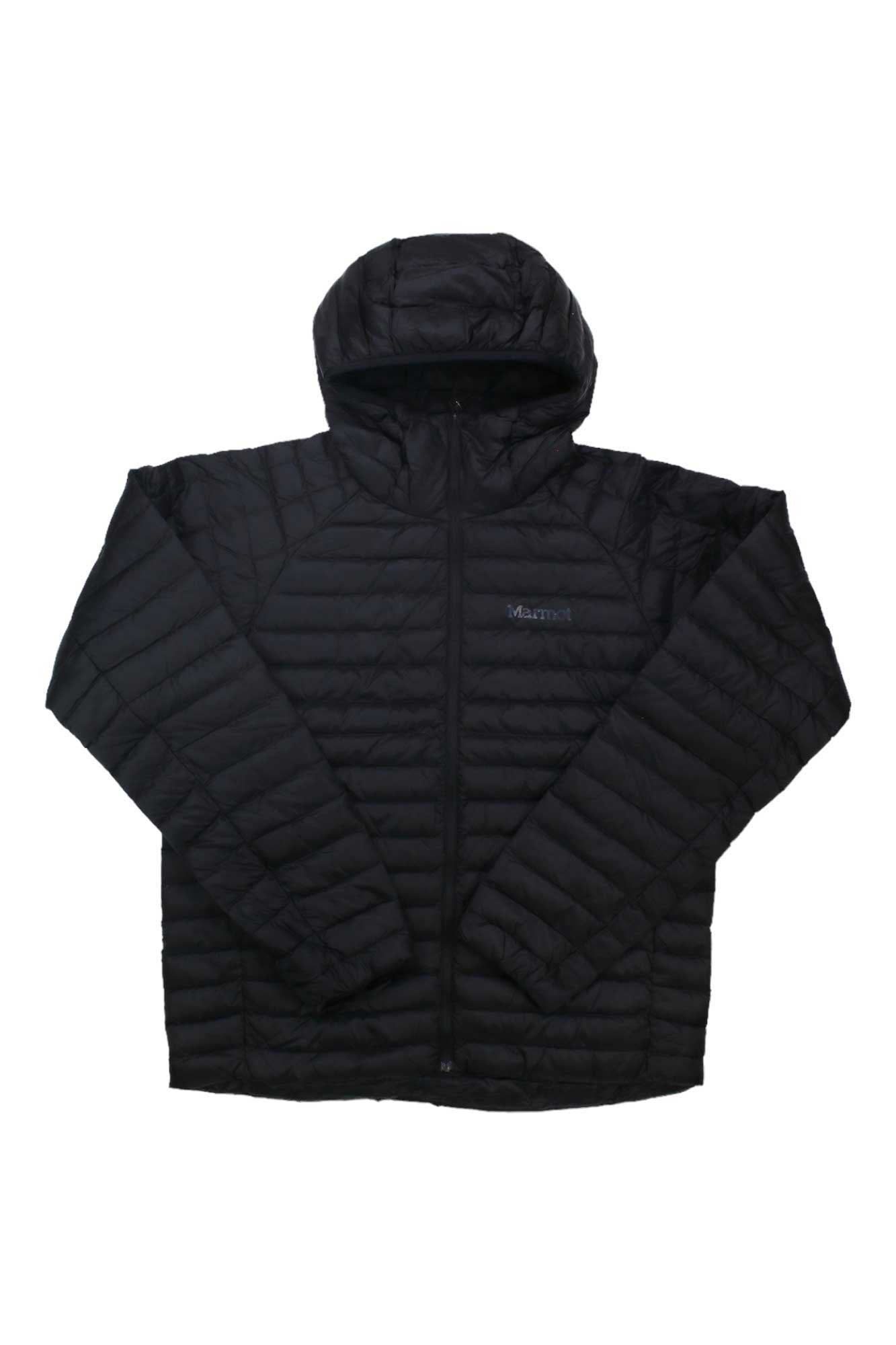 The Marmot Mens Hype Down Hoody is a black, quilted jacket with 800 fill down, front zipper, and long sleeves. Shown flat on a white background with the Marmot logo on the left chest—ideal for hiking.
