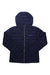The Cotopaxi Women's Fuego Down Hooded Jacket in navy blue features lightweight insulation, horizontal quilting, a hood, front zipper, zippered chest pocket with logo, and responsibly-sourced down. Shown laid flat on a white background.