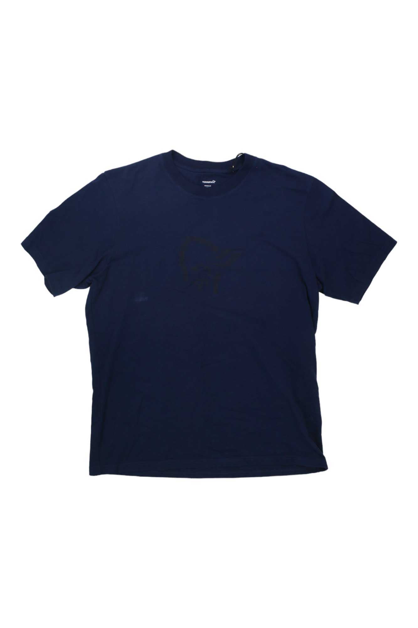 The Norrona Men's /29 Cotton Viking T-Shirt in plain navy blue features short sleeves and is laid flat on a white background—ideal for everyday outdoor wear.