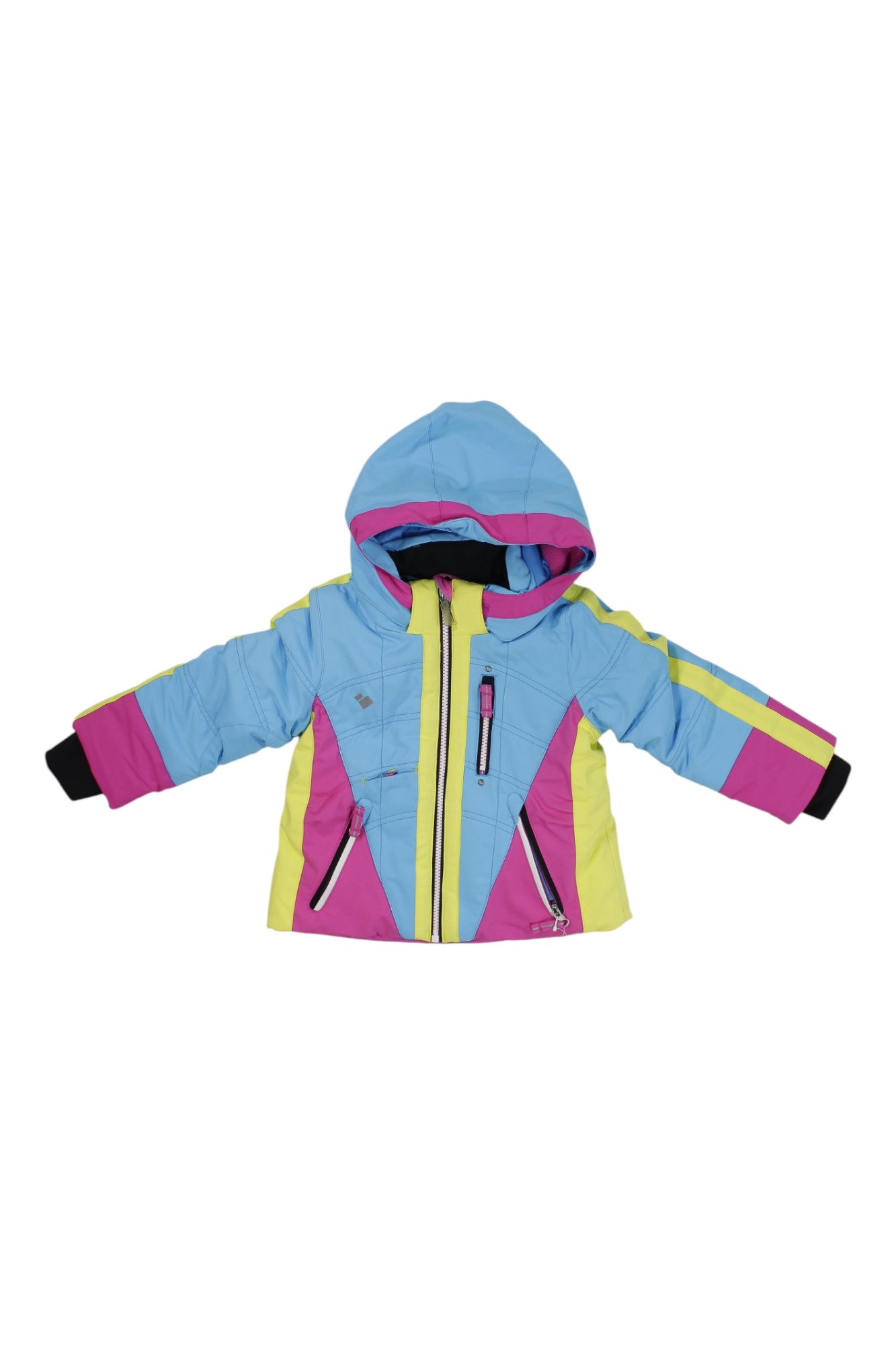 The Obermeyer Girls Hey Sunshine Jacket is a colorful, waterproof insulated ski jacket with light blue, pink, yellow, and black panels, front zipper, zippered pockets, and long sleeves. Shown laid flat on a white background.