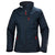 Navy blue Helly Hansen Womens Crew Midlayer Jacket with red zipper pulls, a high collar featuring a logo on the back, and a logo on the left sleeve.