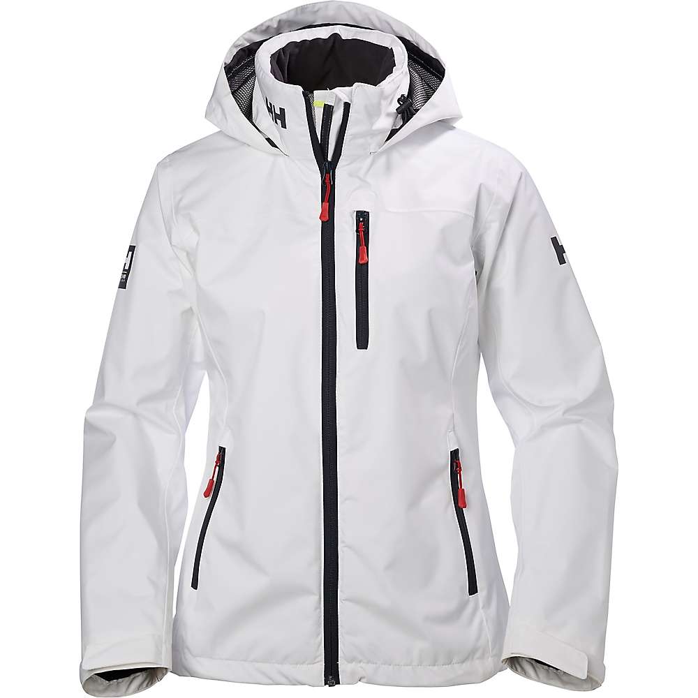 Women’s white hooded full-zip jacket with two zip pockets and red/black zipper pulls