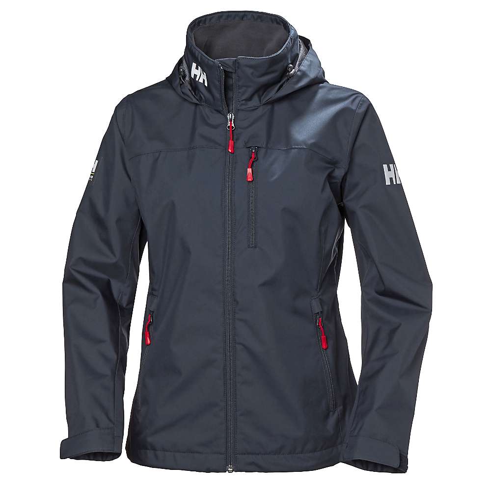 Women’s navy hooded full-zip jacket with two zip pockets and red zipper accents