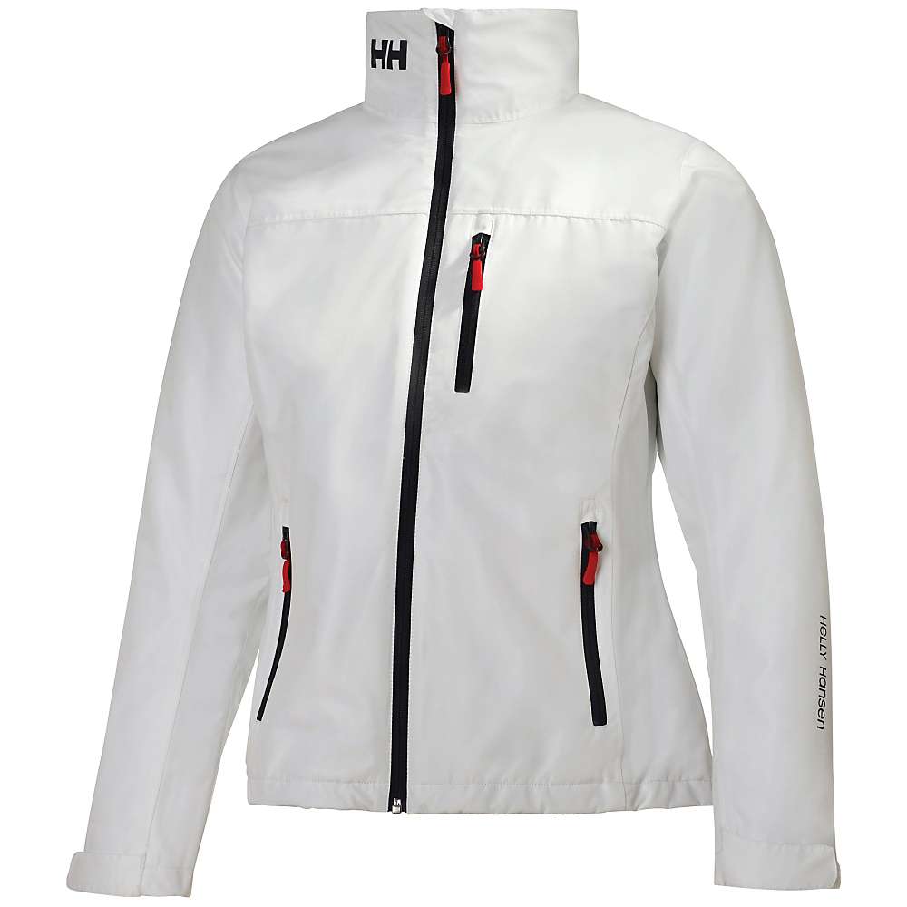 White Helly Hansen Womens Crew Midlayer Jacket with black zippers, a high collar, and red accents on the zipper pulls.