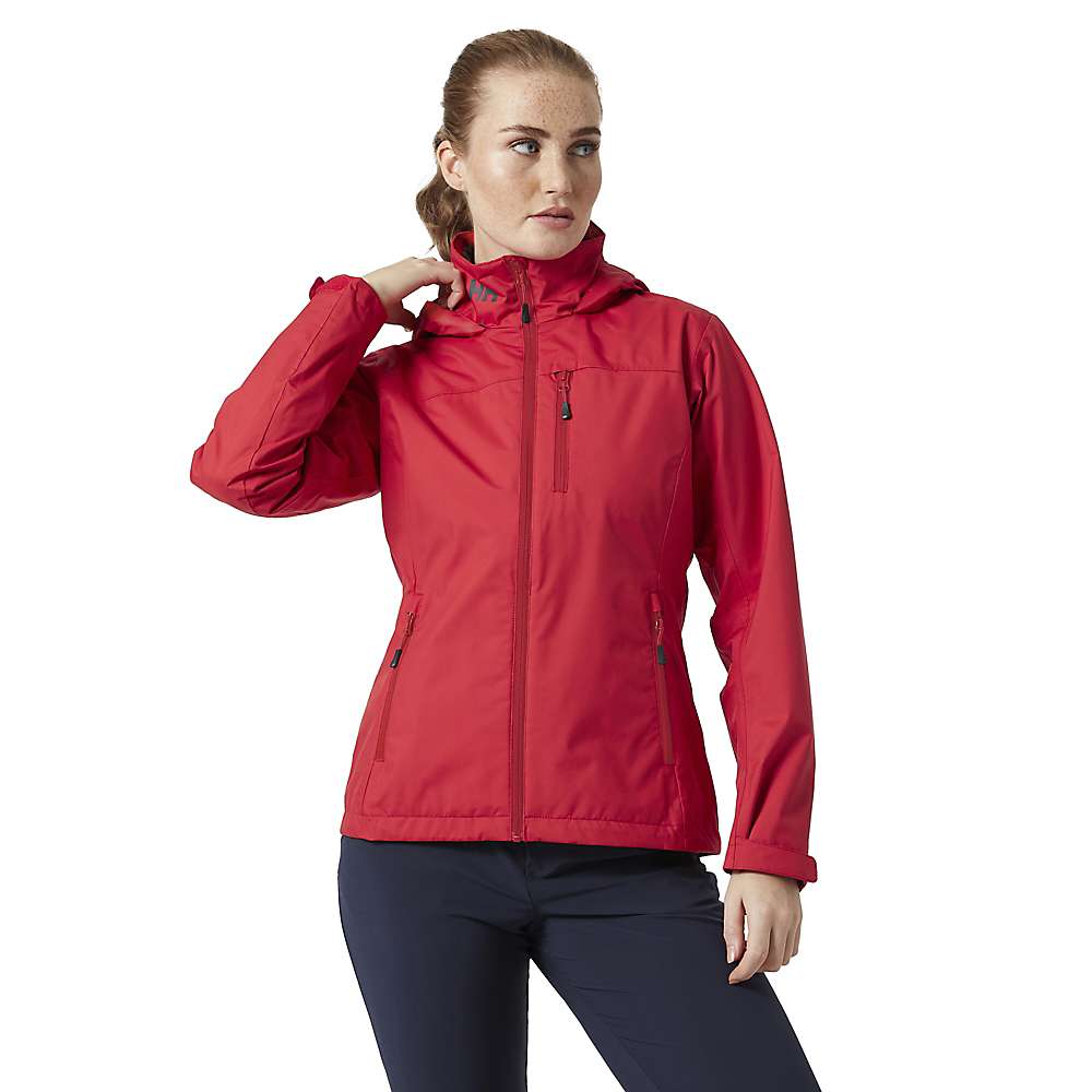 Women’s red hooded full-zip jacket with stand collar and two zip pockets