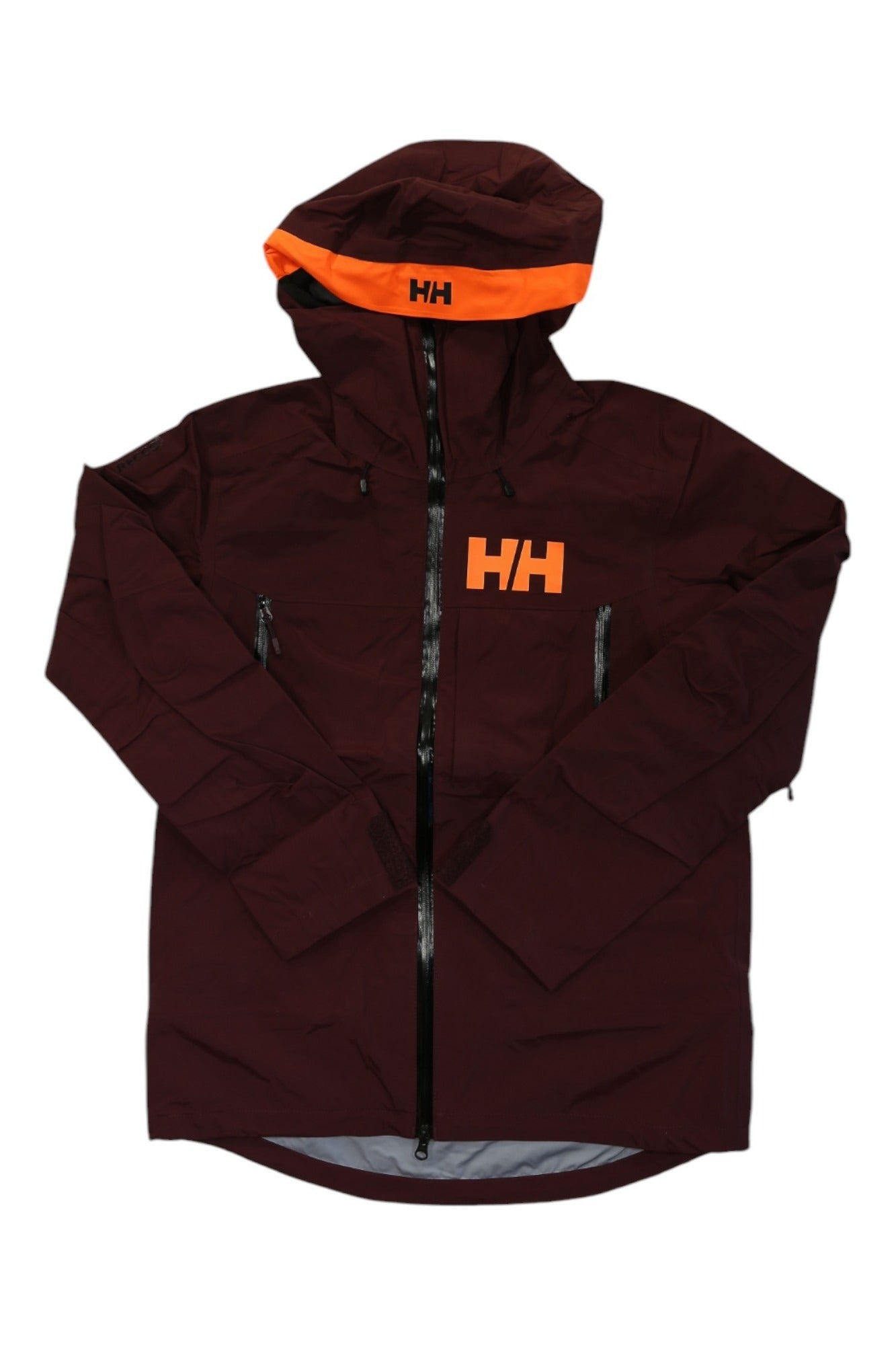 The Helly Hansen Mens Sogn Shell 2.0 Jacket is a maroon men's outdoor jacket with orange trim and HH logo, featuring a waterproof shell, front zipper, and chest zip pockets, shown against a white background.