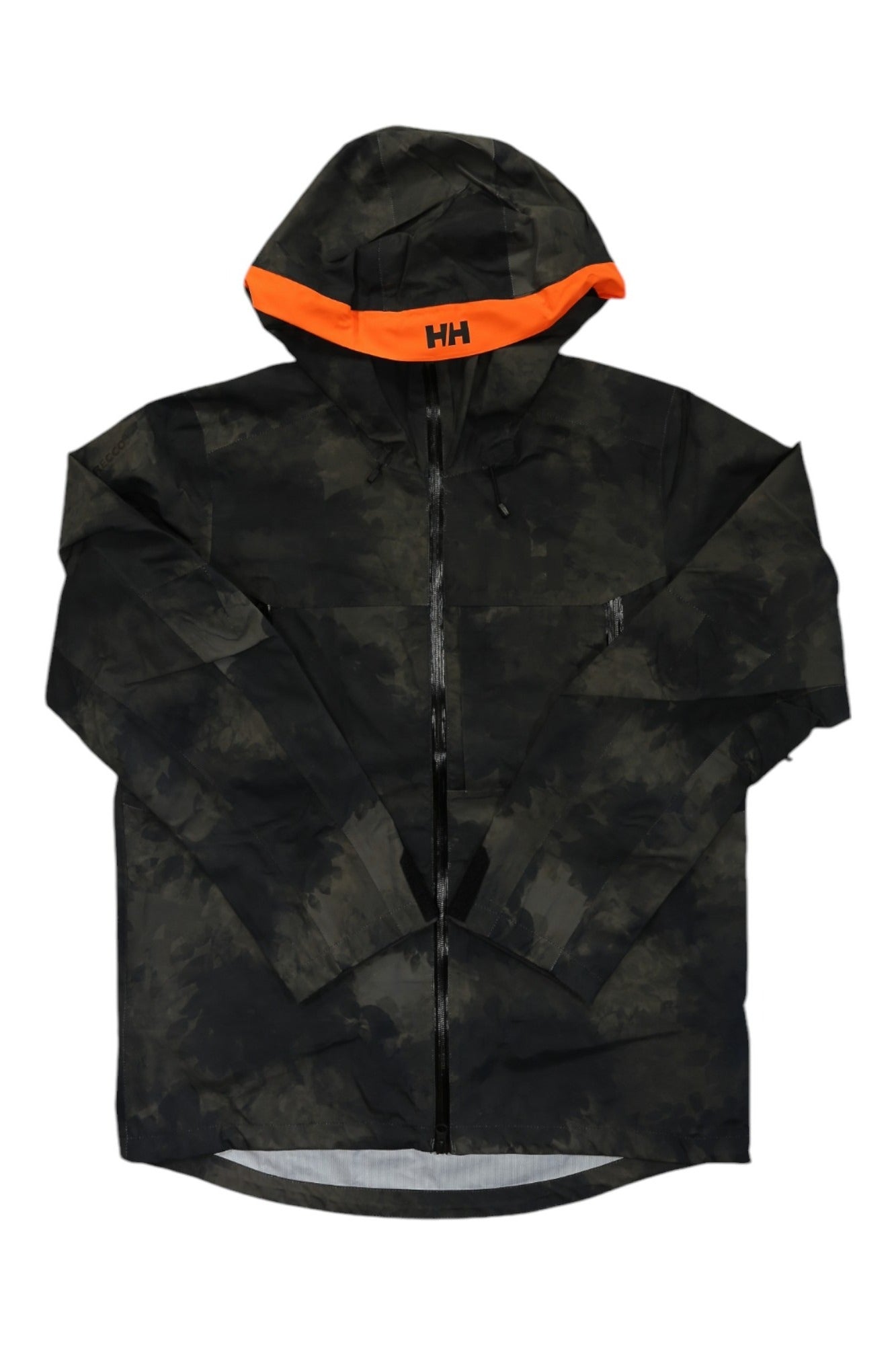 The Helly Hansen Mens Sogn Shell 2.0 Jacket in black camo features an orange-trimmed hood, full-length zipper, HH logo on the front, and waterproof shell—ideal as a men's outdoor jacket.