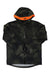 The Helly Hansen Mens Sogn Shell 2.0 Jacket in black camo features an orange-trimmed hood, full-length zipper, HH logo on the front, and waterproof shell—ideal as a men's outdoor jacket.