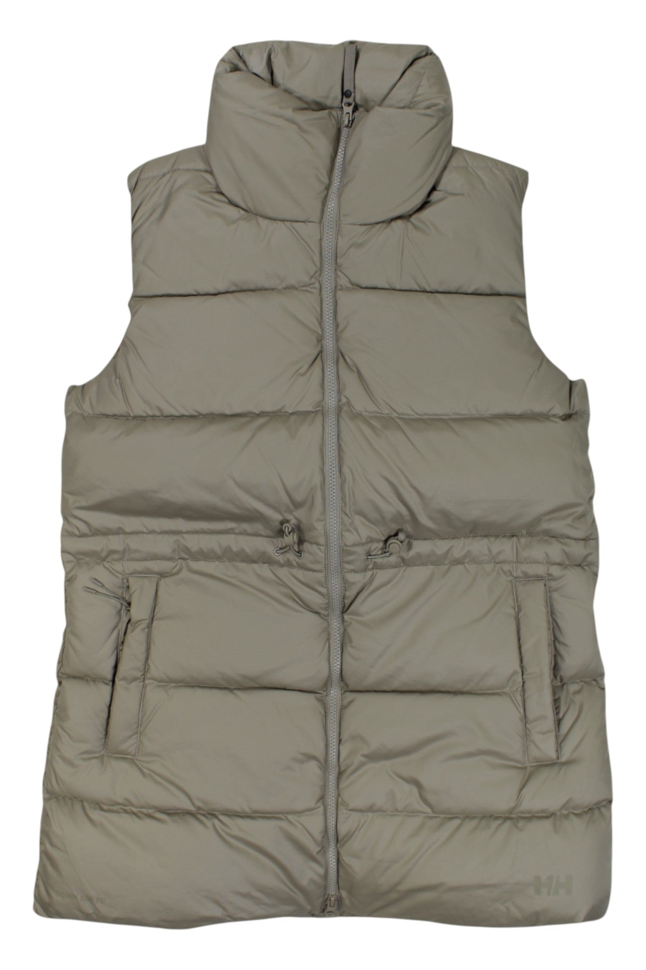 The Helly Hansen Womens Essence Down Vest is a light gray insulated vest for women, featuring a high collar, front zipper, two zippered side pockets, horizontal quilted sections, and a subtle logo on the lower right side.